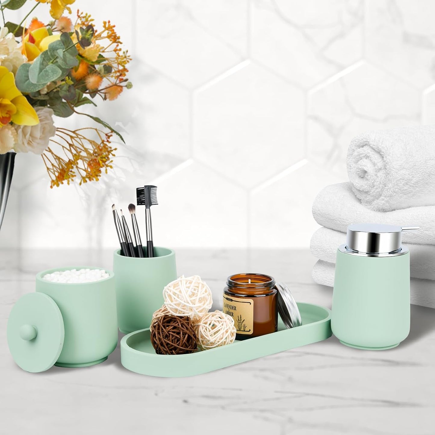 Green Bathroom Accessories Set - 4 Pcs Bathroom Accessory Set with Toothbrush Holder,Lotion Soap Dispenser,Qtip Holder Dispensr & Vanity Tray,Bathroom Countertop Vanity Oganizer - Green