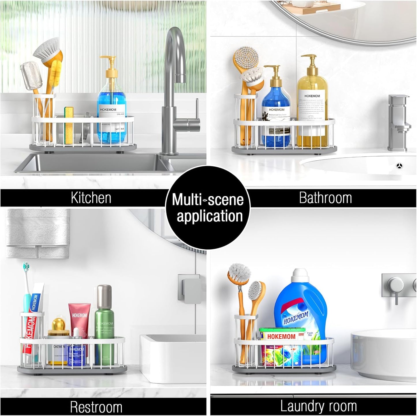 Kitchen Sink Organizer with Sponge Holder & Brush Holder - Drain-Free Non-Slip Base, 2.6mm Stainless Steel with White Rust-Resistant Coating - Easy Install & Clean Kitchen Sink Caddy