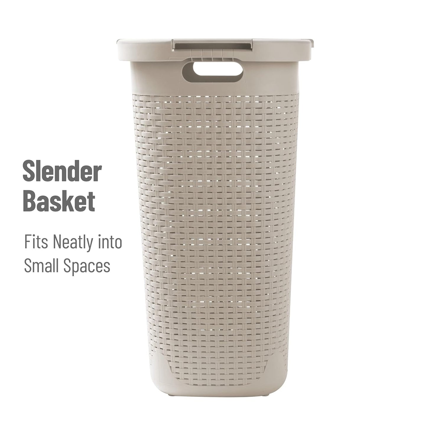 Mind Reader Slim Laundry Hamper with Lid, 60L Clothes Basket, Premium Wicker Design, Plastic, Ivory