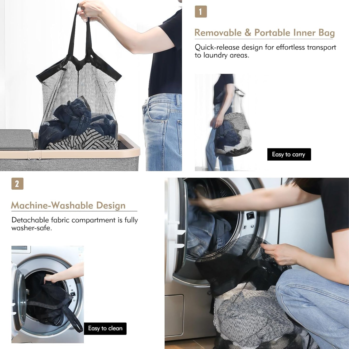 DOKEHOM 160L Double Laundry Basket with Removable Lid and Laundry Bags, Large Collapsible Laundry Hamper with 2 Sections (Grey)