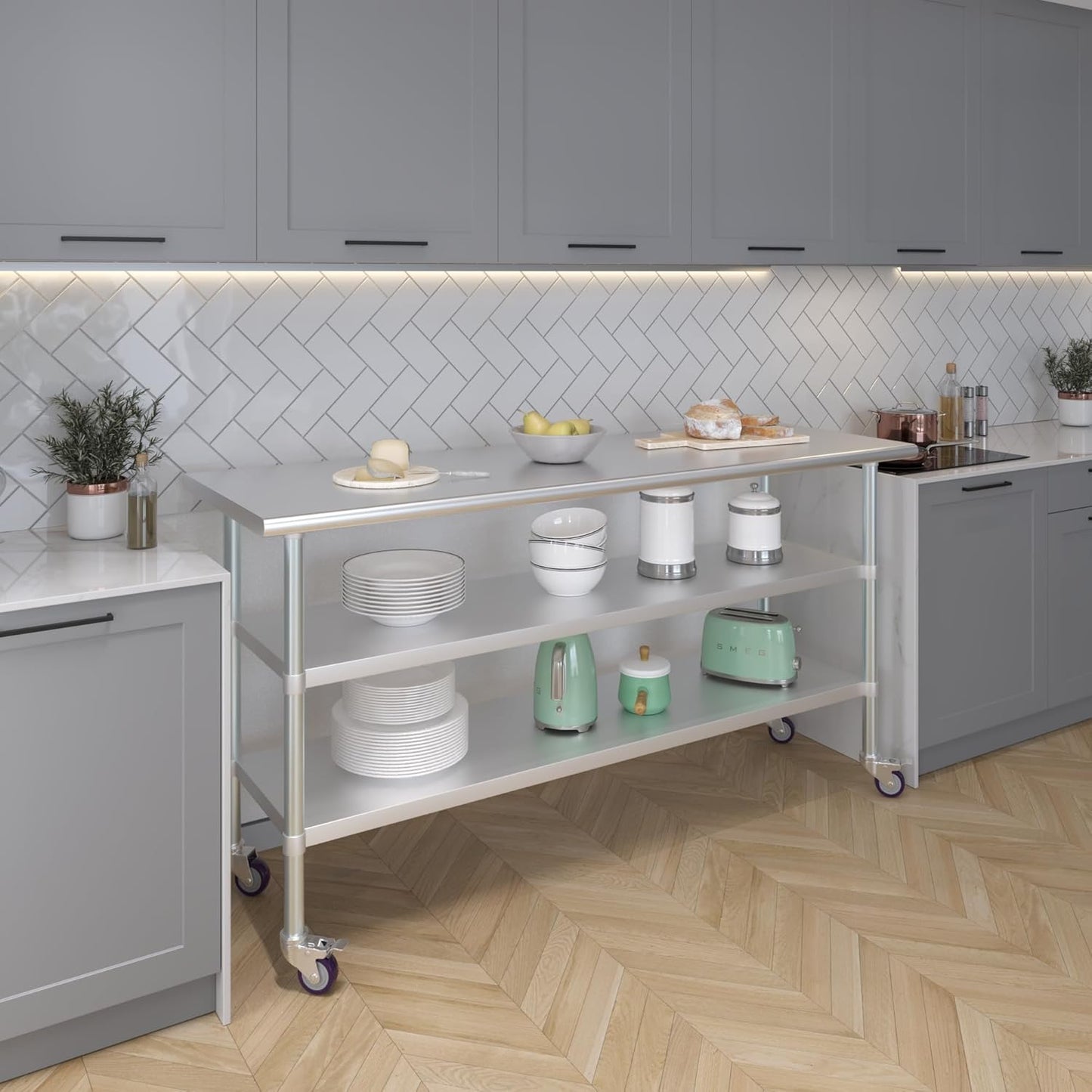 AmGood Stainless Steel Work Table with 2 Shelves and Casters | Metal Utility Table On Wheels (Stainless Steel Work Table with 2 Shelves + Casters, 72" Long x 24" Deep)