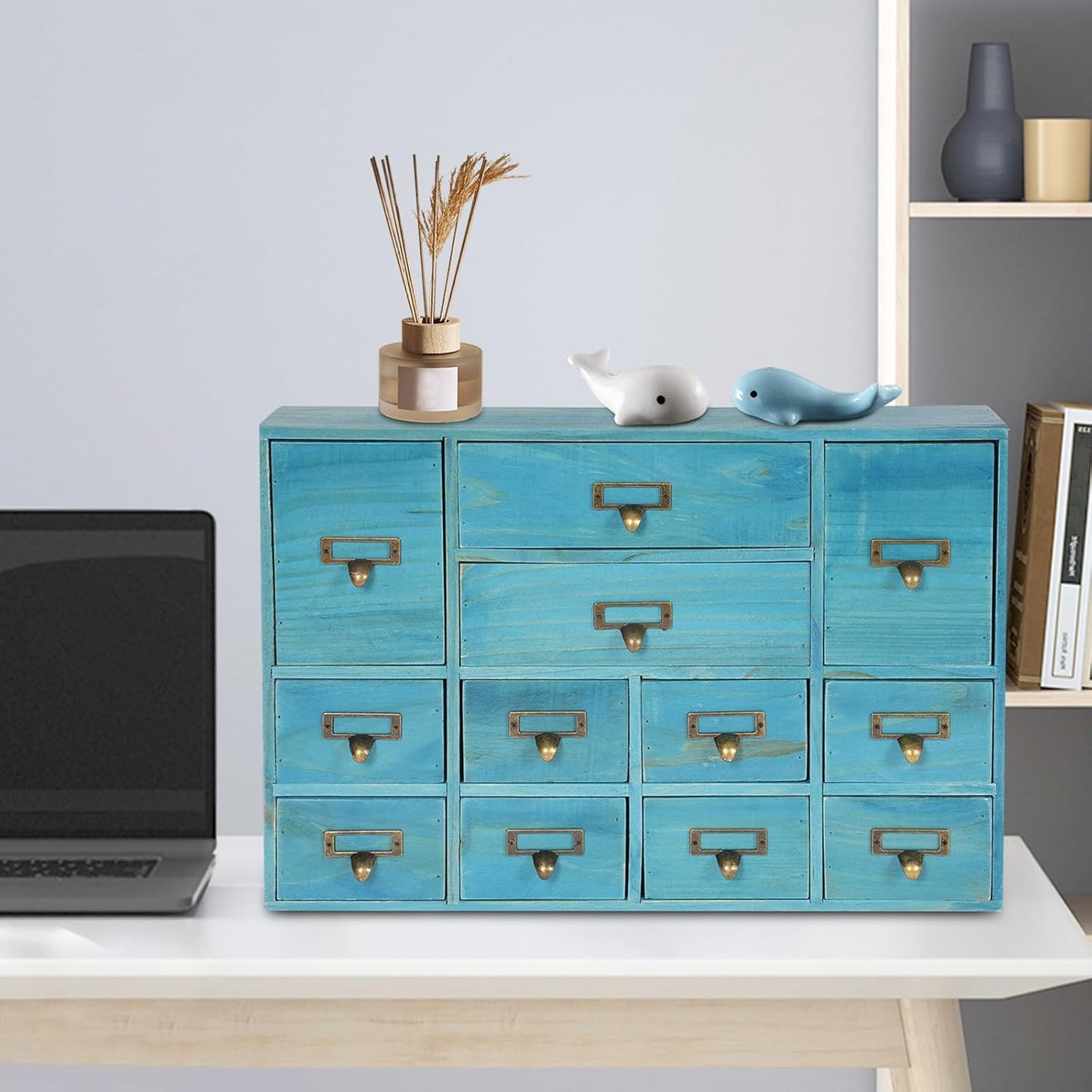 12-Drawer Wooden Storage Cabinet Organizer, Apothecary Cabinet Vintage Library Card Catalog Cabinets for Countertop Apothecary Tea Coffee Pod Storage (Blue)