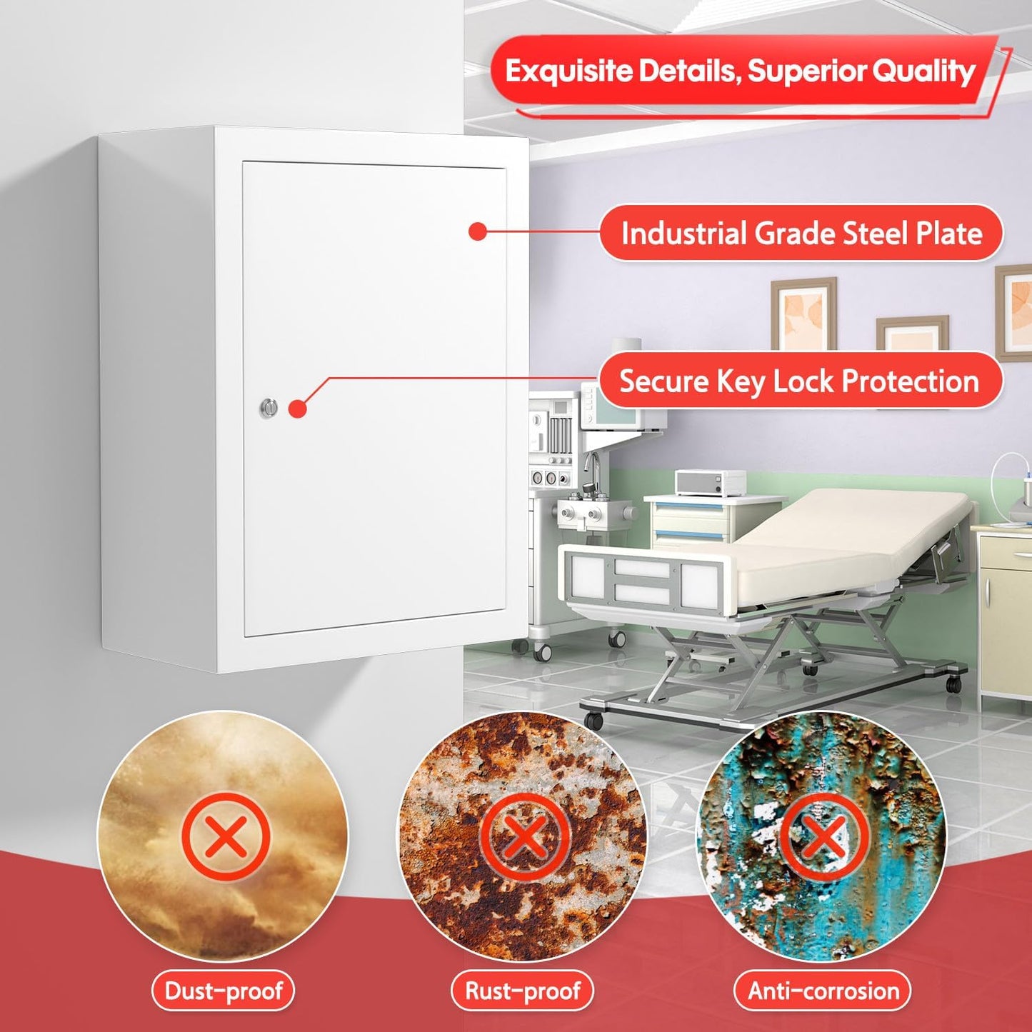 Wall-Mount Locking Medicine Cabinet: Large Metal Storage Organizer Box with Key Lock - First Aid Medicine Cabinet 3 Compartment Design for Bathroom Home Office (15.75" H x 11.82" W x 4.72" D)