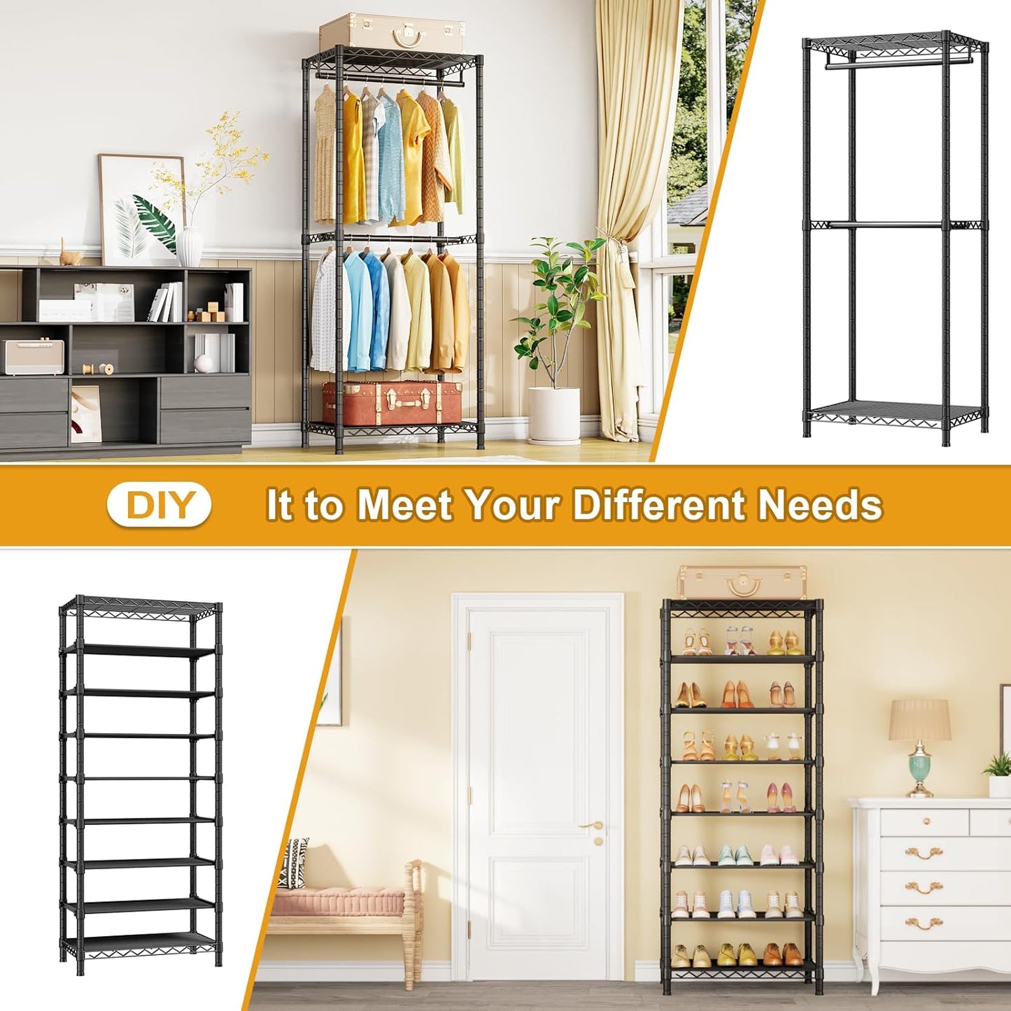 E16 Heavy Duty Clothing Rack(with 7-Tier Adjustable Shoe Rack) Freestanding Clothes Rack for Hanging Clothes,Metal Closet Storage Organizer Large Wardrobe,69'' W x 15.8'' D x 76.2'' H,Black