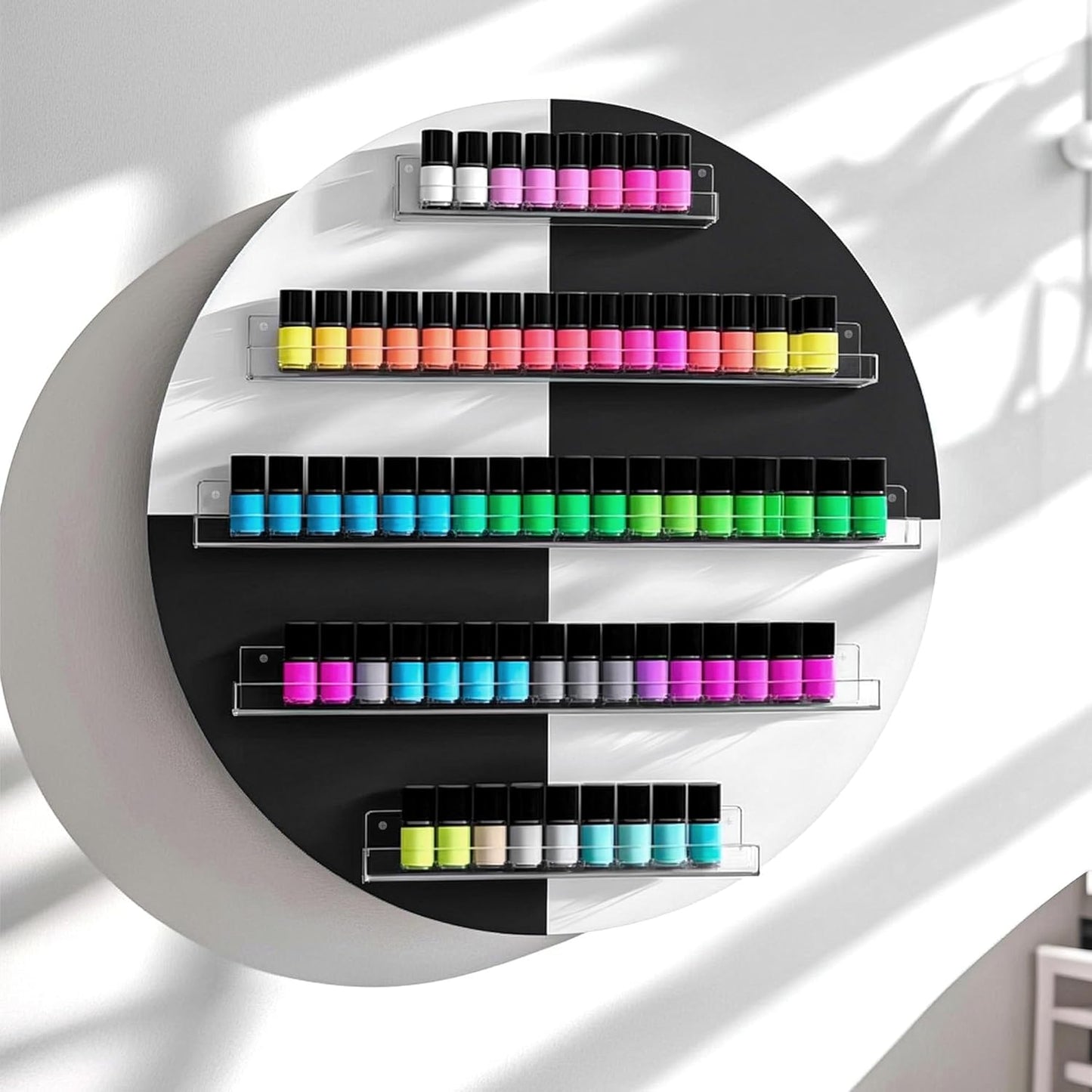 Wall Mount Nail Polish Organizer, 2 Packs Wood Nail Polish Rack w/Acrylic Barrier, 5-Tier Round Storage & Display Shelf, Perfume Essential Oil Bottles Holder, White & Black