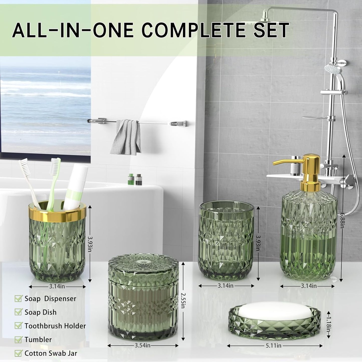 Green Glass Bathroom Accessories Set 5 Pcs, Green Bathroom Set, Soap Dispenser and Toothbrush Holder Set, Qtip Holder Set, Vintage Bathroom Sink Set, Cute Bathroom Decor
