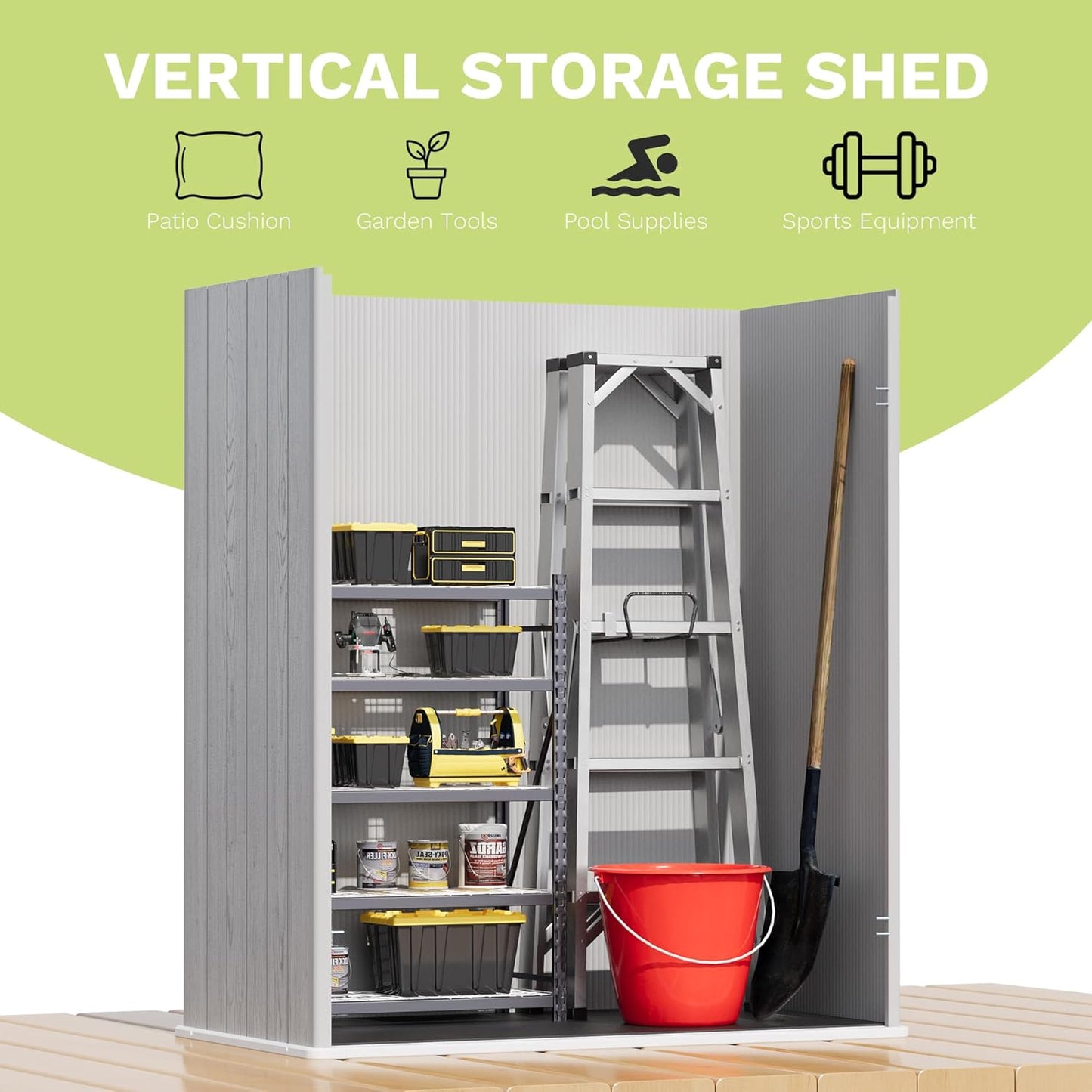 Devoko 5 x 3 Resin Outdoor Storage Shed with Floor - Waterproof Plastic Outdoor Tool Cabinet with Lockable Doors for Patio Furniture, Pool Accessories, Garden Tools (Light Gray)