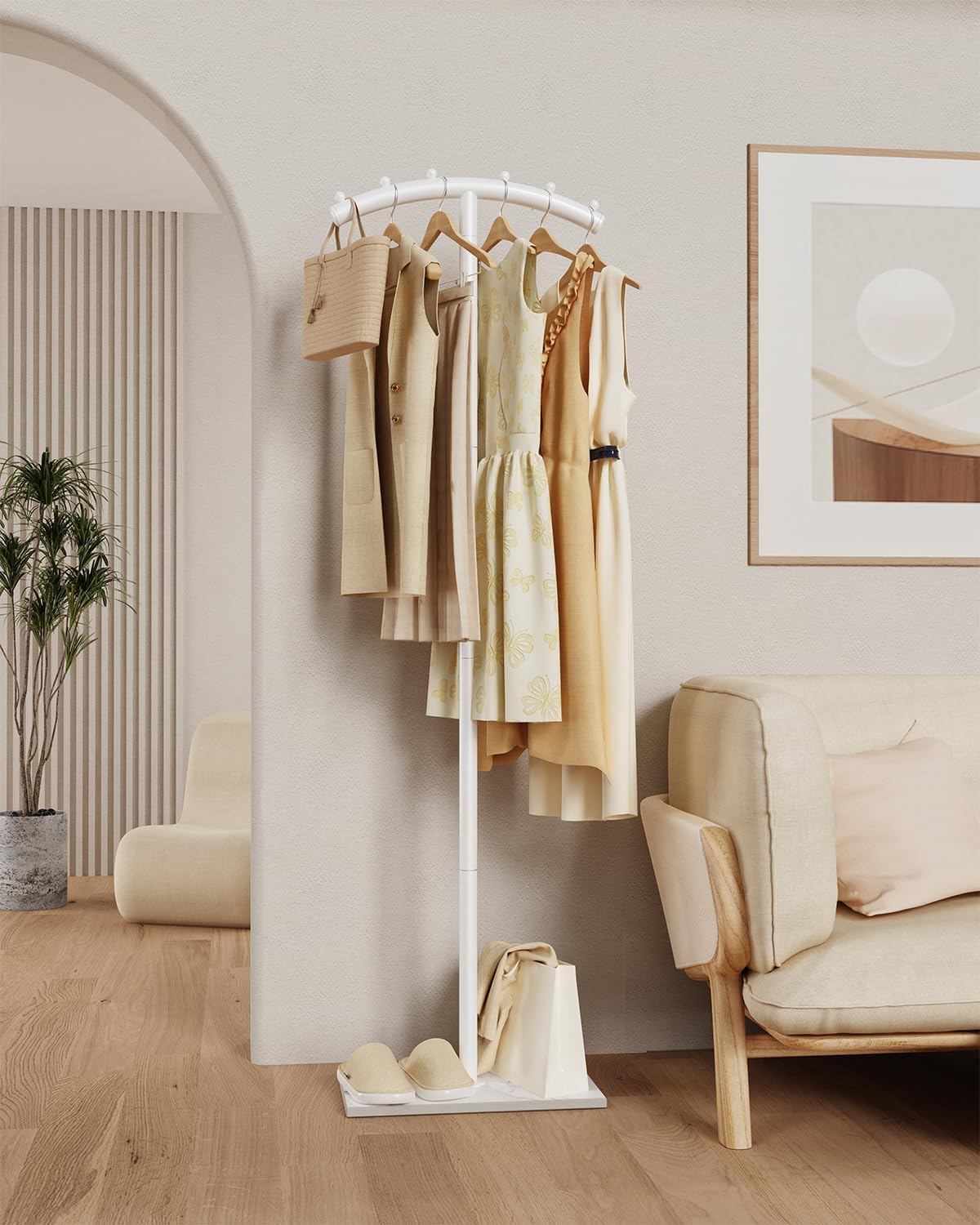 Arcuate Garment Rack, T-shaped Coat Tree Freestanding, Metal Coat Racks, Natural Stable Rock Base, Suitable For Entrances, Corridors, Halls, 68.9in, White