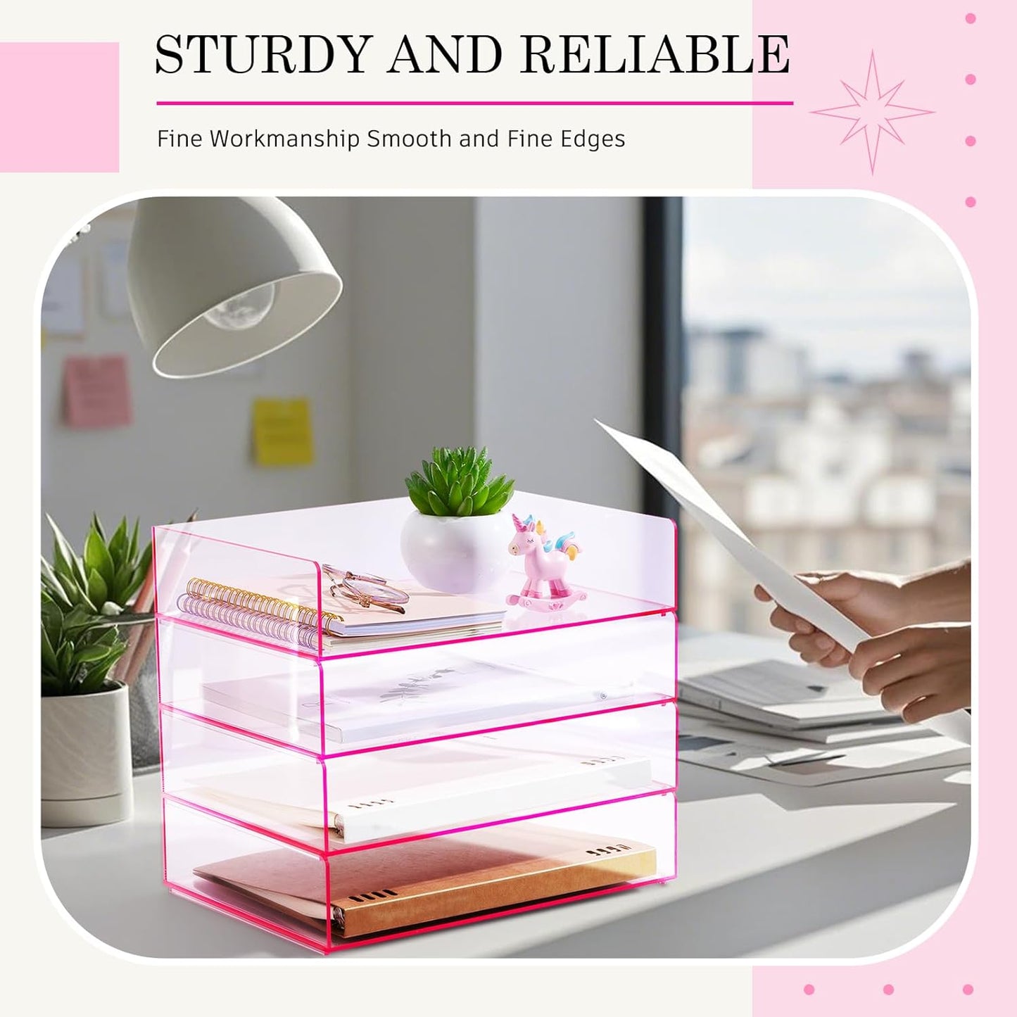 Harloon 4 Tier Acrylic Paper Tray 12.4 x 8.7 x 2.7 Inches Stackable Letter Clear Organizer No Need to Assemble Acrylic Paper Organizer File Tray for Office Workspace Desktop Storage(Transparent Pink)