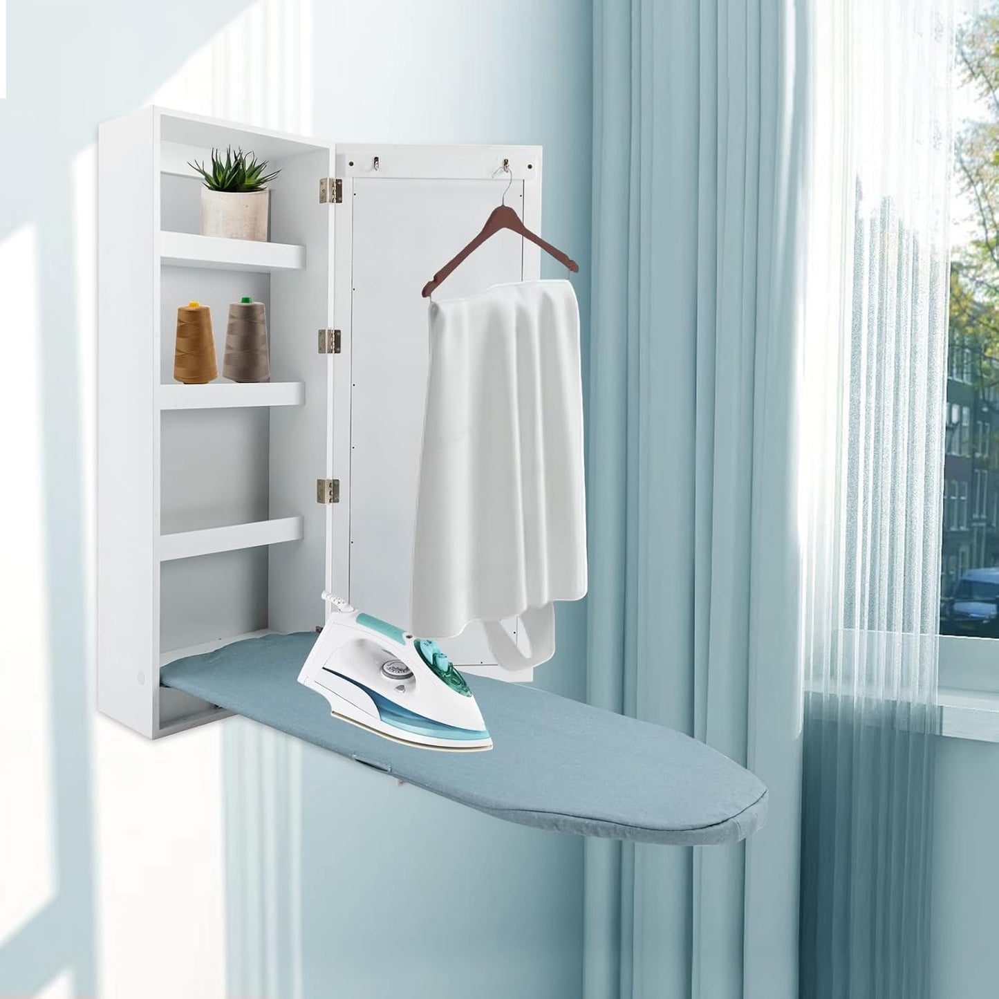 Wall Mounted Ironing Board with Storage Cabinet Built in Swivel Ironing Board with 3Tier Shelf & Dressing Mirror for Home Apartment & Small Spaces