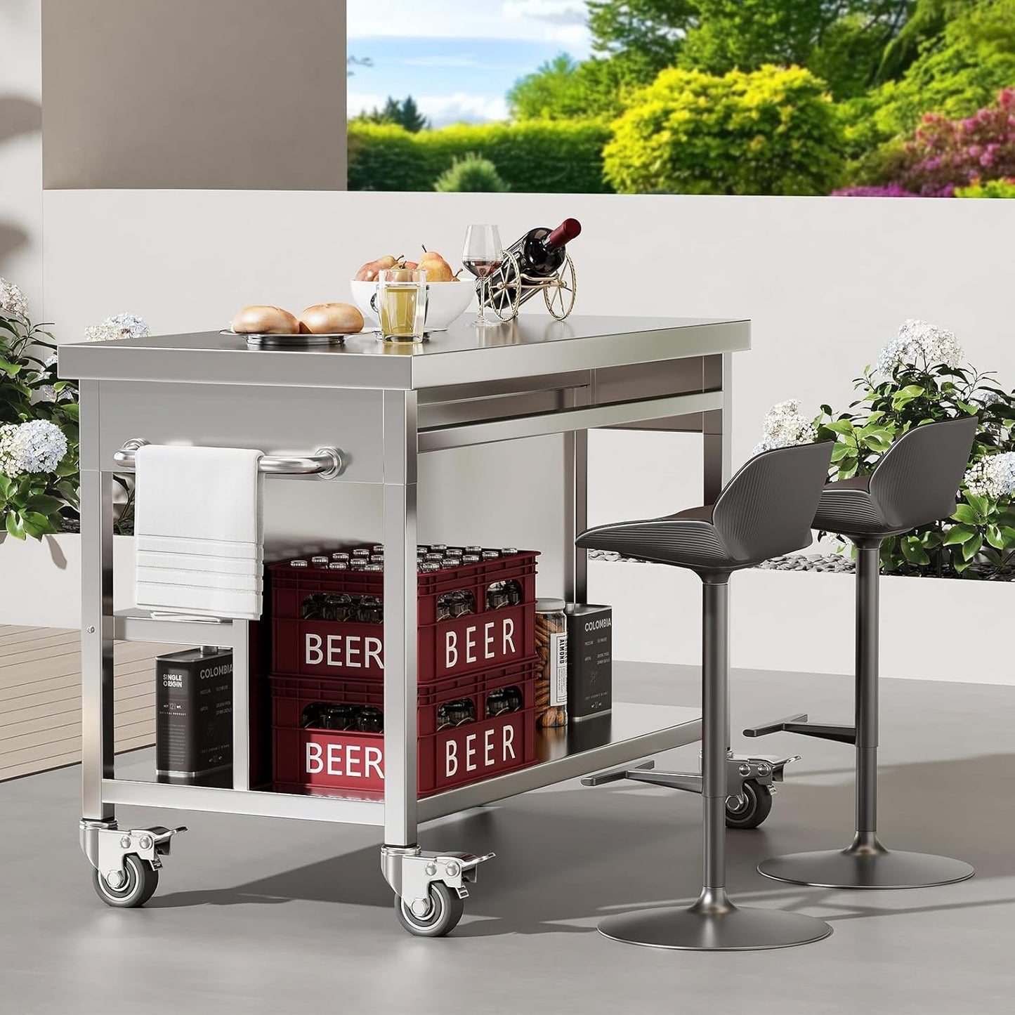 Stainless Steel Kitchen Island with Storage, Rolling Kitchen Island Cart on Wheels with 2 Drawers, Industrial Kitchen Cart, Commercial Portable Island for Kitchen, Bar, Outdoor Patio, 25 x 50 x 37 in