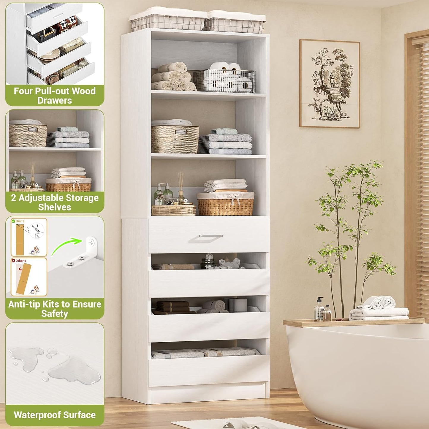 Aheaplus 21.3" Closet System with 4 Drawers, Wood Closet Organizer with Open Shelves, Modular Drawers System Tower, Walk-in Closets Small Wardrobe Rack, Tall Storage Cabinet Unit, White
