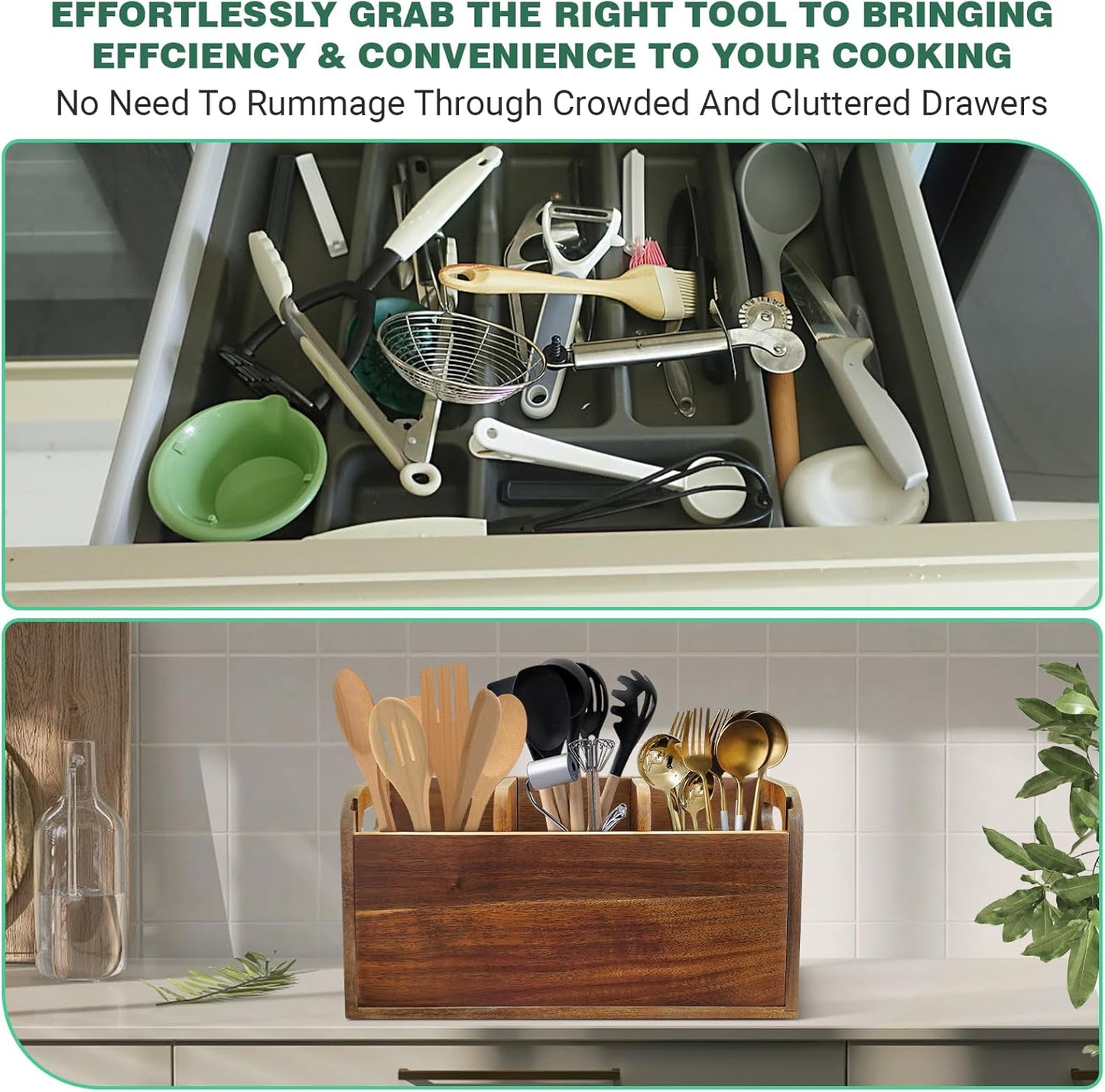 Acacia Wood Utensil Holder Kitchen Utensil Holder with 3 Compartments Cooking Spatula Organizer Large Cutlery Organizer for Kitchen Countertop Farmhouse Kitchen Decor