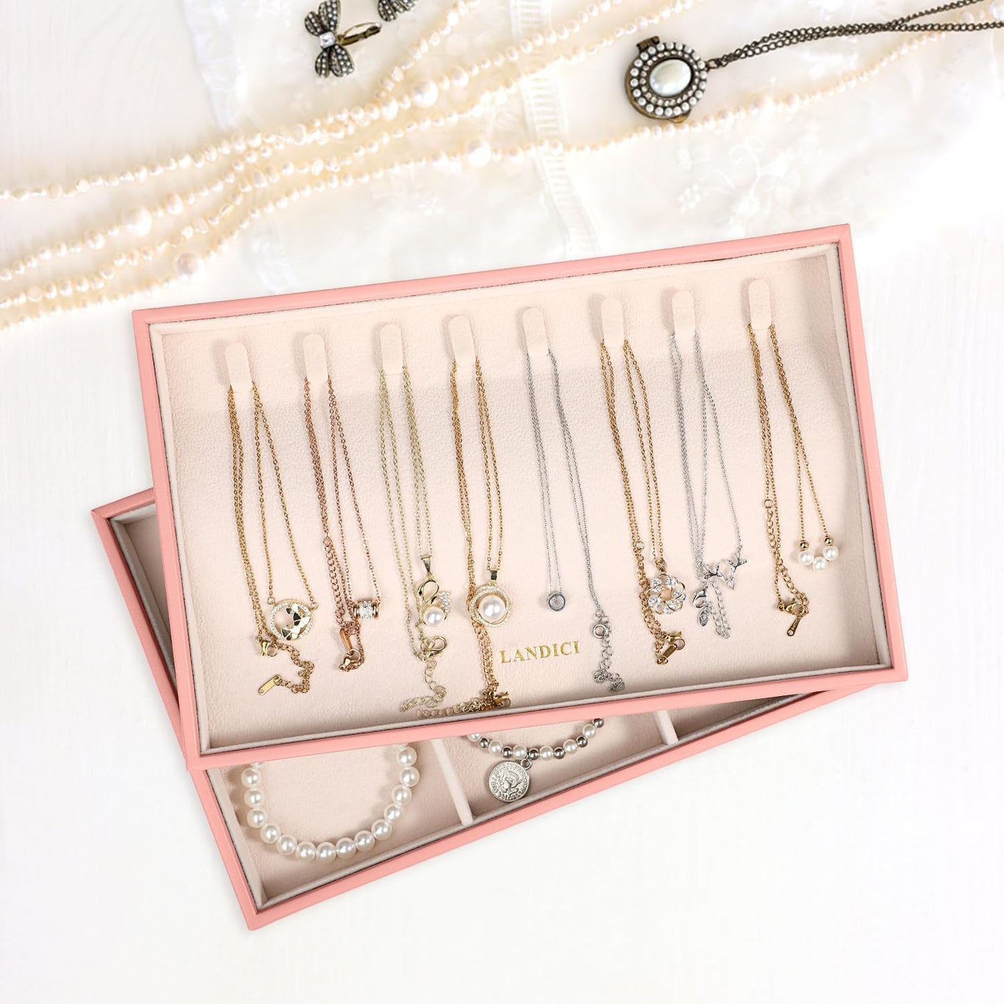 LANDICI Stackable Jewelry Organizer Trays 4 Set,PU Leather Jewelry Organizer Drawer,Jewelry Storage Display Tray for Earring Necklace Rings Bracelet with Removable Dividers,Pink