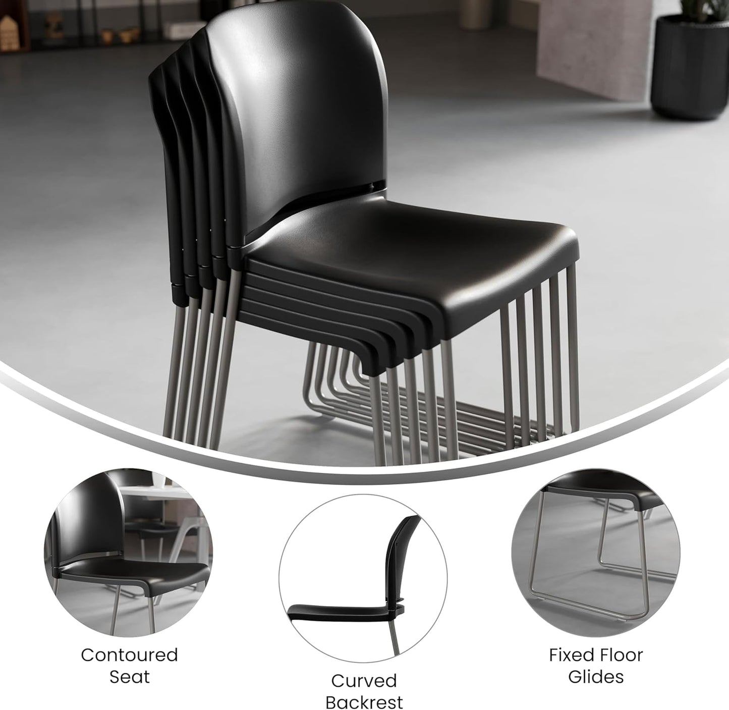 Flash Furniture Hercules Series Contoured Stacking Chairs for Waiting Rooms and Offices, Ergonomic Lobby Chairs with Curved Back, Set of 5, Black