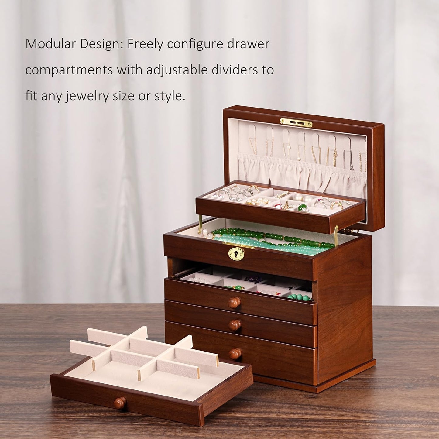 Vintage Wooden Jewelry Box with Dual Key Lock, Carved Top, Necklace Hooks – Antique Jewelry Organizer for Dresser Tabletop, Jewelry Storage Boxes for Women