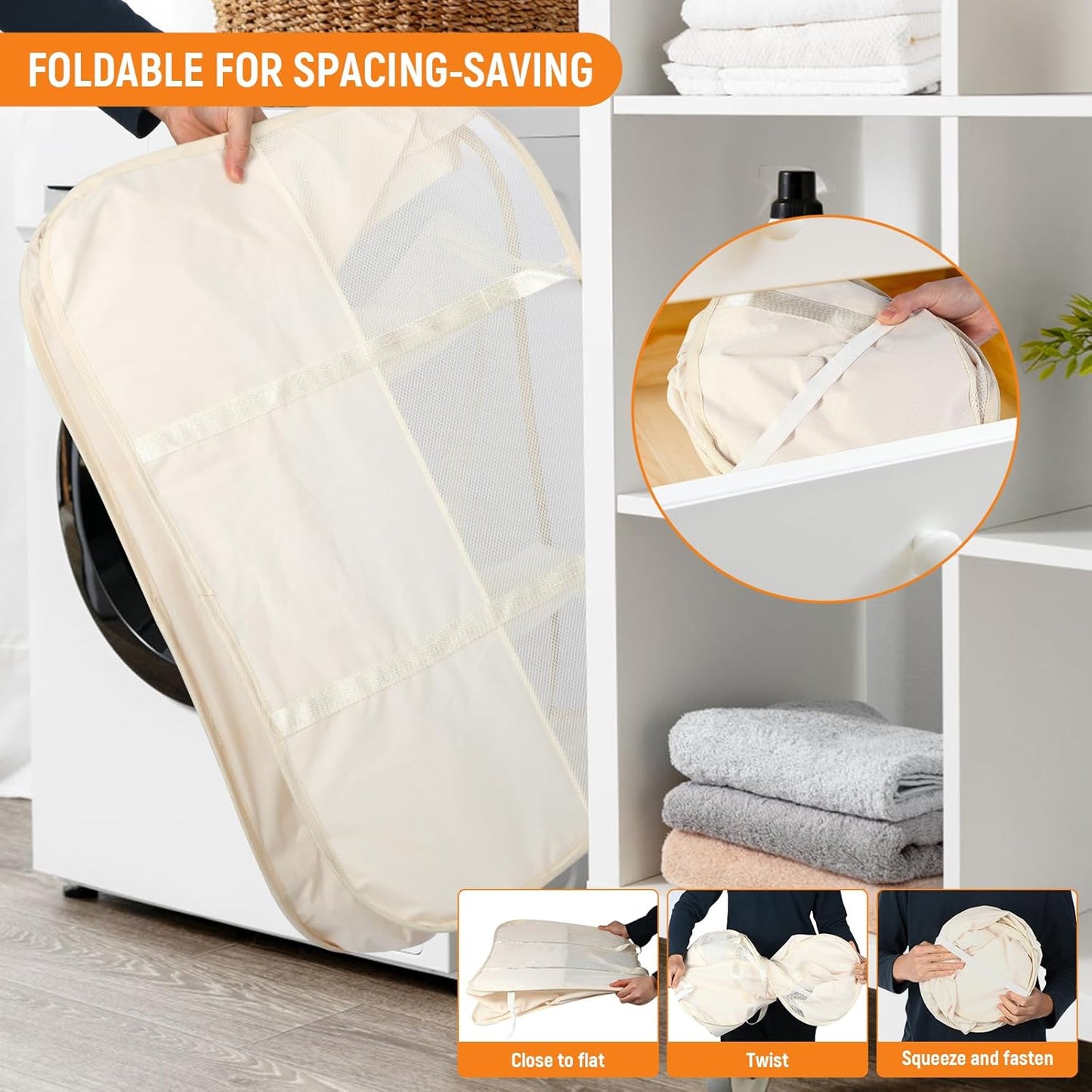 Collapsible Laundry Baskets with 3 Compartment, 150L Tear-proof Pop Up Hamper, Foldable Laundry Basket with Tote Handles, Dirty Clothes Hamper for Laundry, Bedroom, Bathroom, Dorm Beige