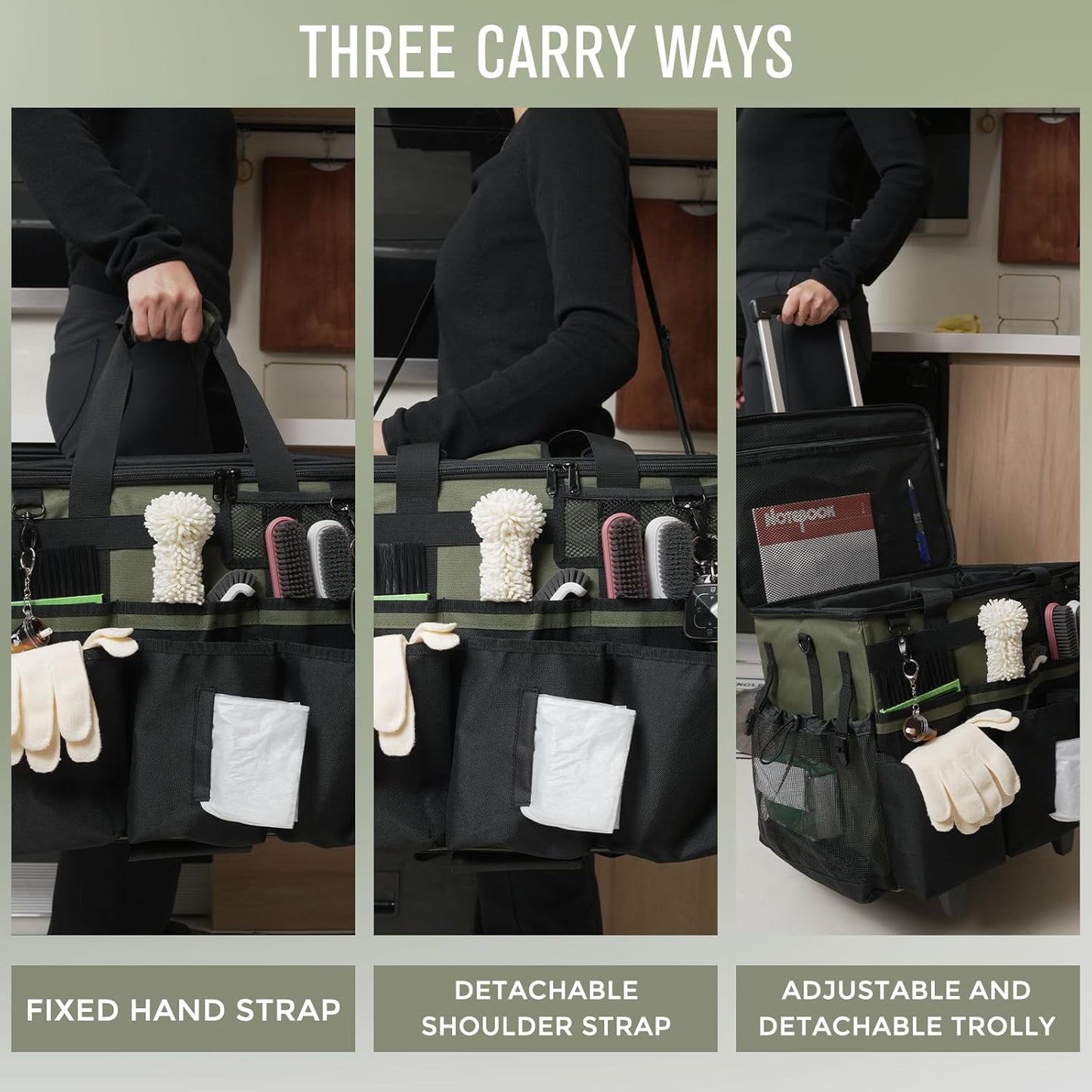 Rolling Cleaning Caddy Bag with Detachable Trolley, Large Cleaning Supplies Organizer with Wheels, Multi-Pocket Cleaning Cart with Adjustable Shoulder Strap for Housekeepers & Home Use, Armygreen