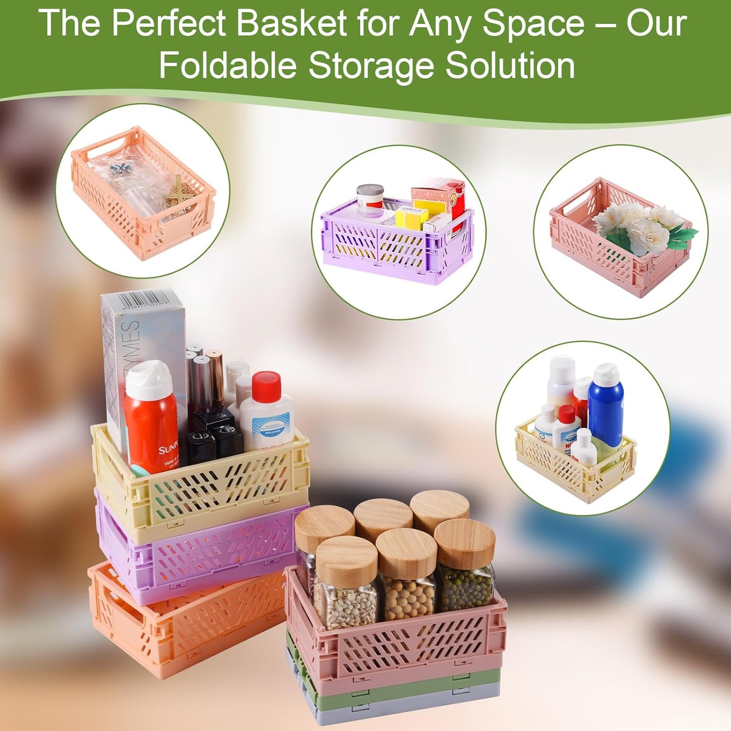 6-Pack Small Pastel Plastic Storage Baskets, Collapsible Crates for Organizing, Space-Saving Mini Bins for Classroom, Kitchen, Office, Bedroom (5.9" x 3.8" x 2.2")