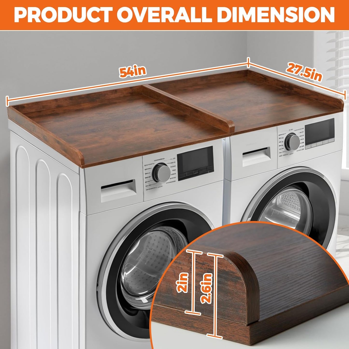Washer Dryer Countertop, Wooden Laundry Countertop Set of 2 Dryer Storage Shelf for Laundry Room Organization (27.5" x 54") Vintage Wood Color