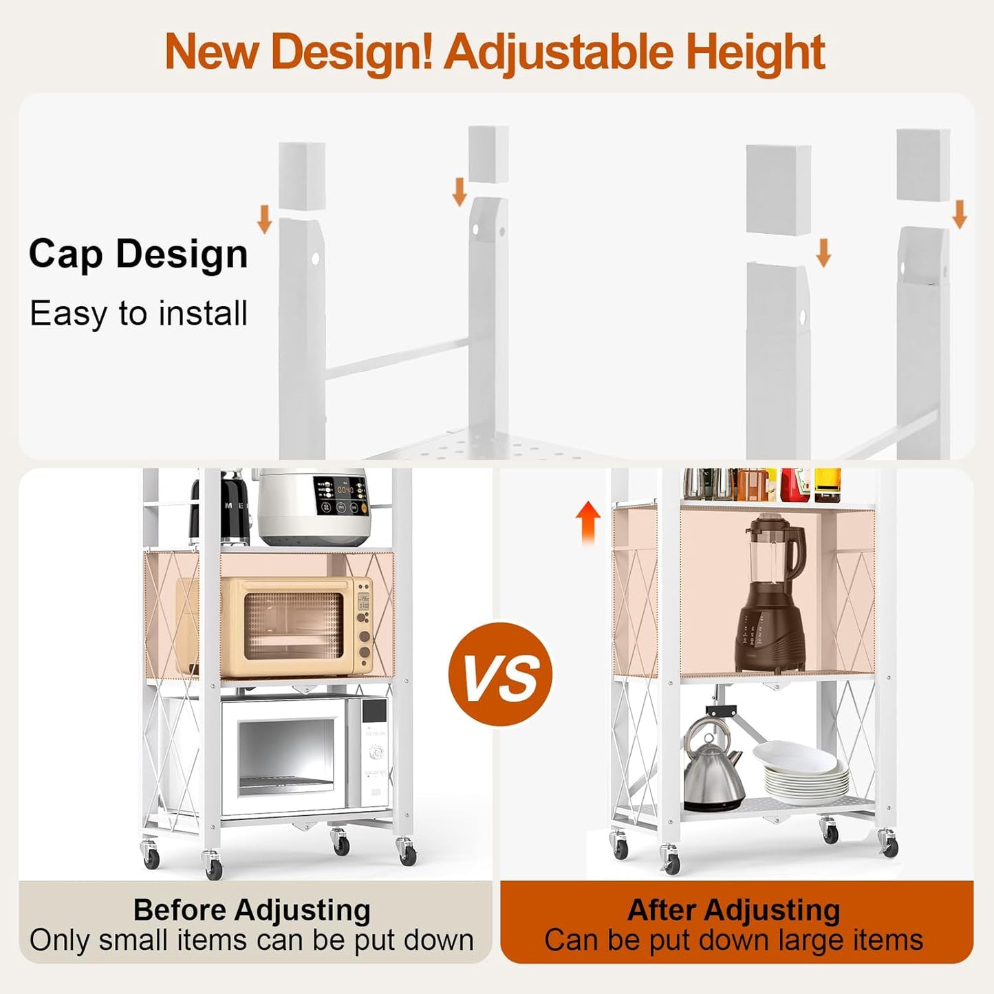 6-Tier Foldable Storage Shelves with Wheels, Folding Metal Shelf Unit, Folding Bookshelf no Assembly, Collapsible Shelves for Craft Shows for Kitchen, Bedroom, Living Room, White