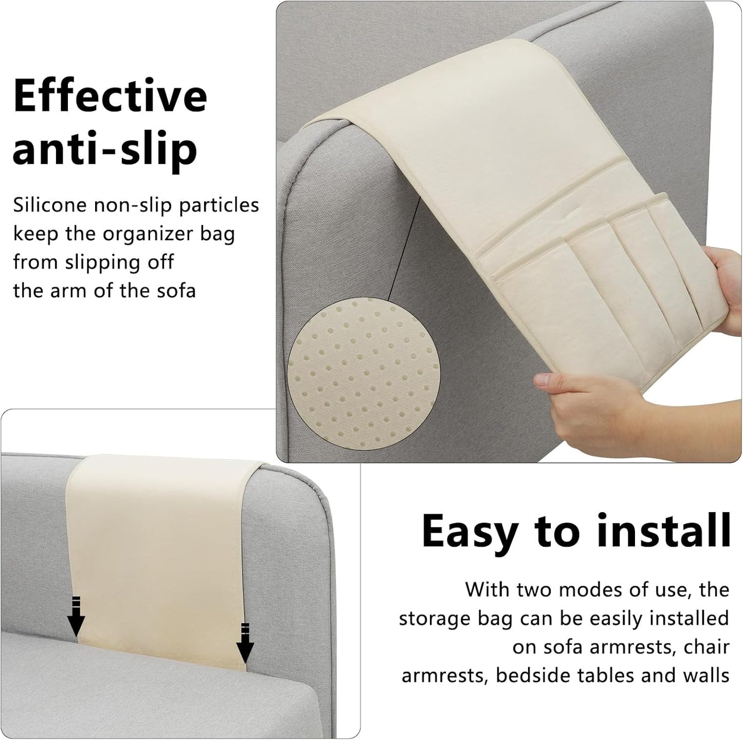 TV Remote Control Holder Couch Caddy, Non-slip Bedside Caddy Organizer with 5 Pockets for Key Glasses Phone Magazine Holders (Beige, 35"x12.4")