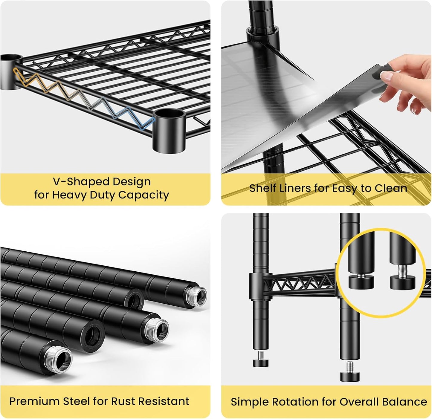 45" W Storage Shelves 5 Tier Wire Shelving with Shelf Liners, Adjustable Metal Garage Shelving, 1875LBS Heavy Duty Commercial Storage Rack for Pantry Kitchen, 45" W x 16" D x 72" H, Black
