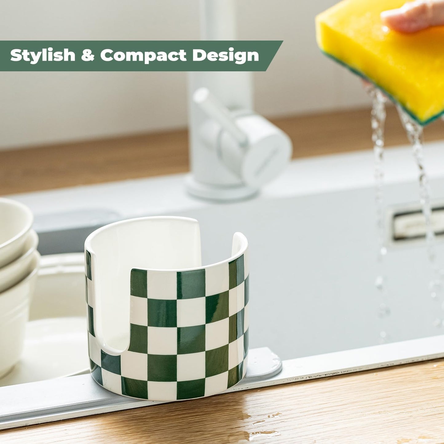 Ceramic Kitchen Sponge Holder, Dish Sponge Holder Suitable for Scrubby Farmhouse Dish Rack Brush Holder for Christmas Bathroom, Kitchen, Sink, Green and White