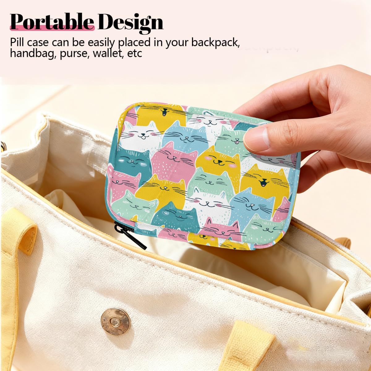 Colorful Cartoon Cute Cats Pill Organizer Travel Medicine Case with Zipper Daily Vitamin Storage Bag Portable 8 Slot Weekly Pill Box Supplement Holder for Home Office Gym Travel