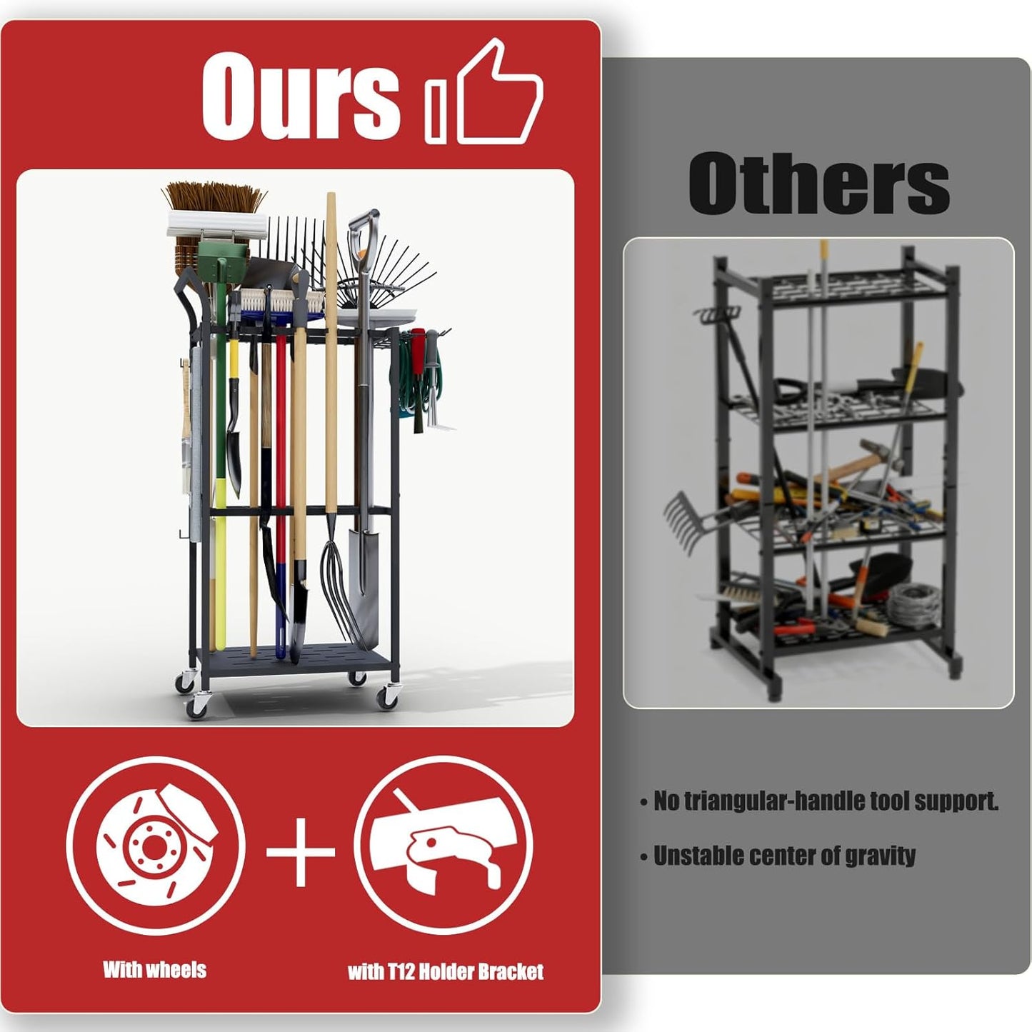 Garden Tool Organizer with Wheels, Heavy Duty Rolling Yard Tool Rack with 14 Hooks & 5 Slots, 3-Tier Metal Cart Holds 50+ Rakes/Shovels/Brooms, Mobile Lawn Storage for Garage Shed Outdoor