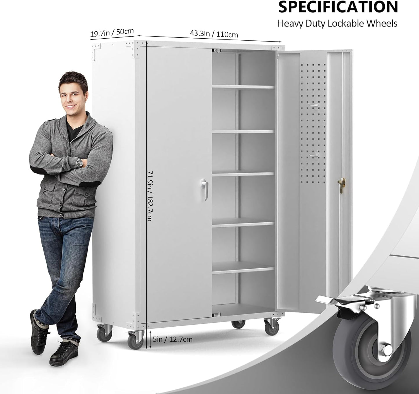 VINGLI Upgraded Wide & Deep Garage Storage Cabinet, Metal Storage Cabinet with Pegboards, Wheels, Locking Doors and Adjustable Shelves (Gray, 43''W x 20''D x 72''H)
