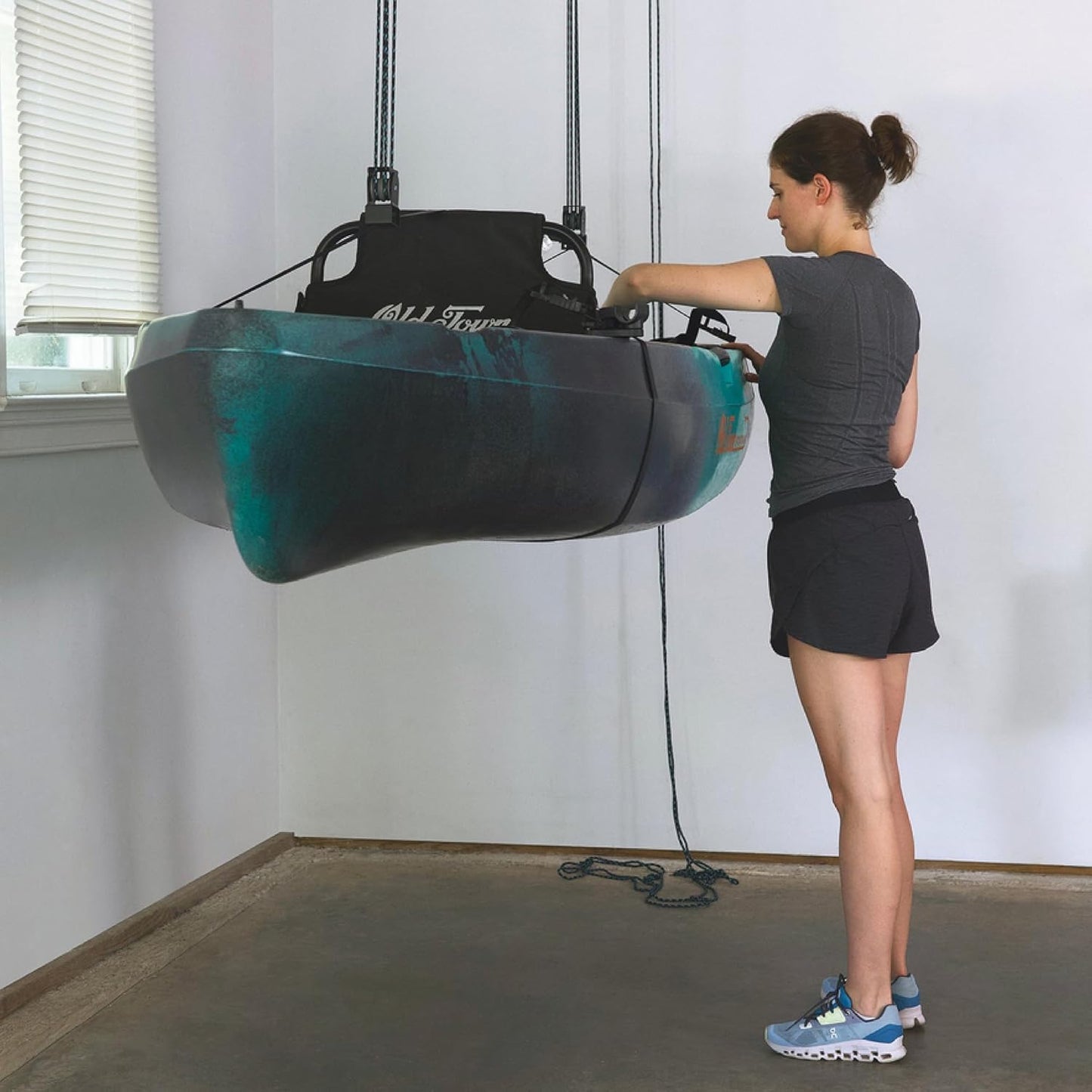 Teal Triangle Heavy Duty Elite Kayak Hoist, Easy-Lift Garage Pulley System, Holds 150 lbs, Fits 12-Foot+ Ceilings, Patented No-Slip Strap, No Setup Required