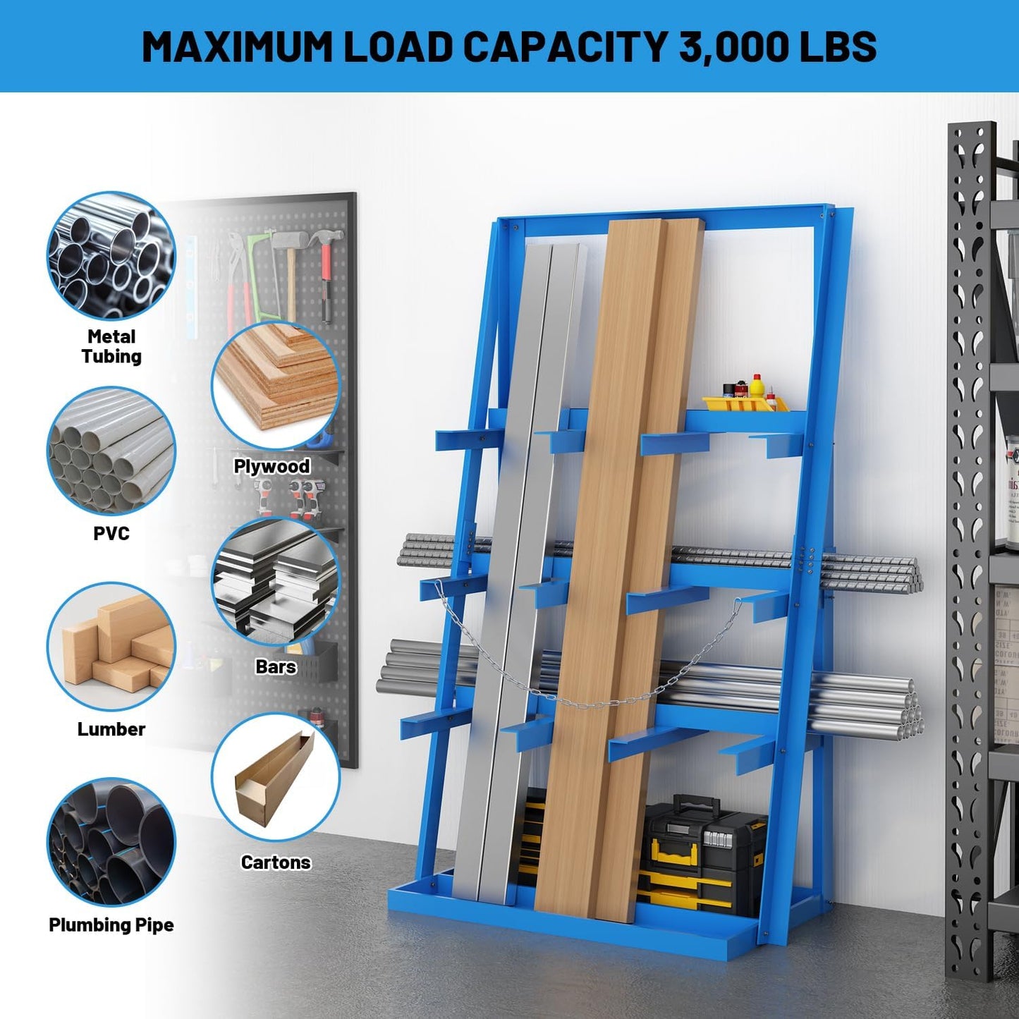 Vertical Bar Rack, 3000 Lbs Weight Capacity, Steel Bays Long Parts Storage Rack, Lumber and Metal Garage Organizer, Heavy Duty Pipe Organizer for Shop Basement