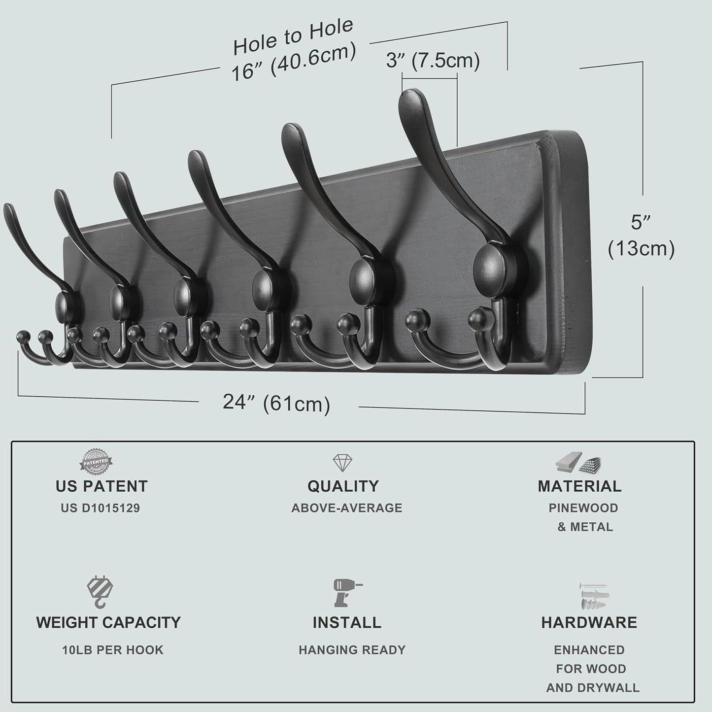 Dseap Coat Rack Wall Mounted - 24" Long 6 Tri Hooks, Heavy Duty Wooden Wall Coat Hanger Coat Hook for Clothes Hat Jacket Clothing, Black, Pack of 2