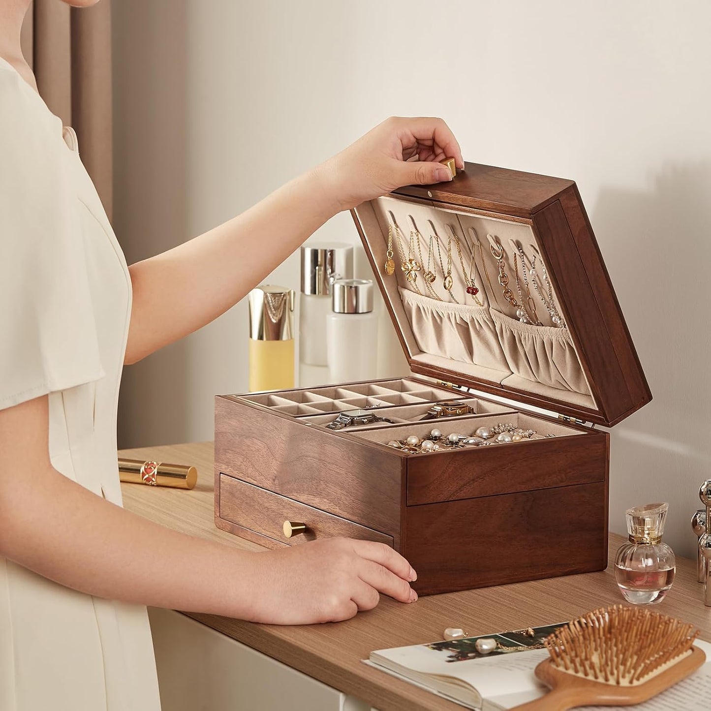 CHOSIN Black Walnut Wooden Jewelry Box for Women, 3 Level Multi-functional Drawer Organizer Box Watch Necklace Ring Earring Storage