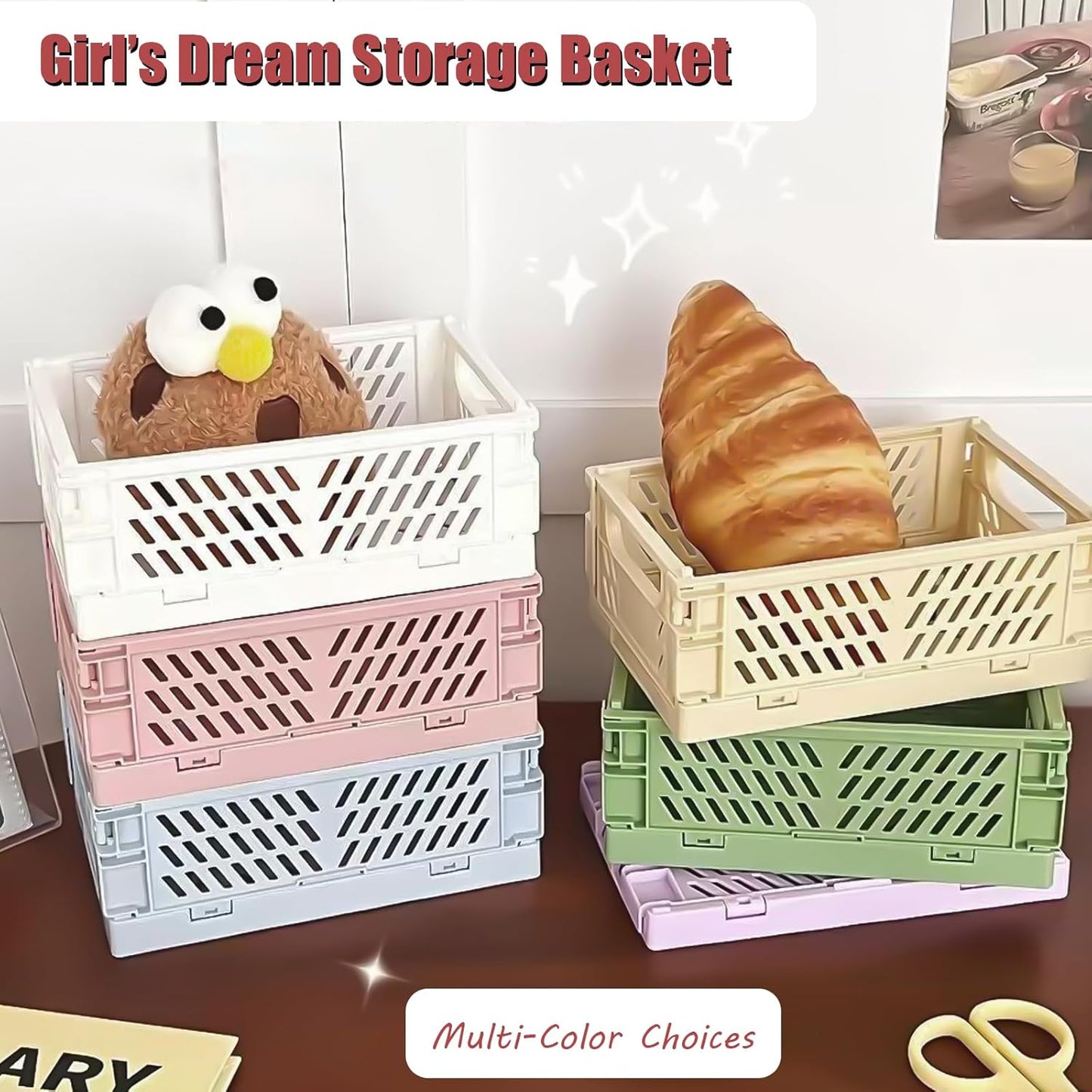 Pastel Plastic Storage Baskets 2 Pack, Collapsible Crates for Organizing, Space-Saving Bins for Kitchen, Office, Bedroom (Purple, Small: 5.8"x 3.8" x 2.2")