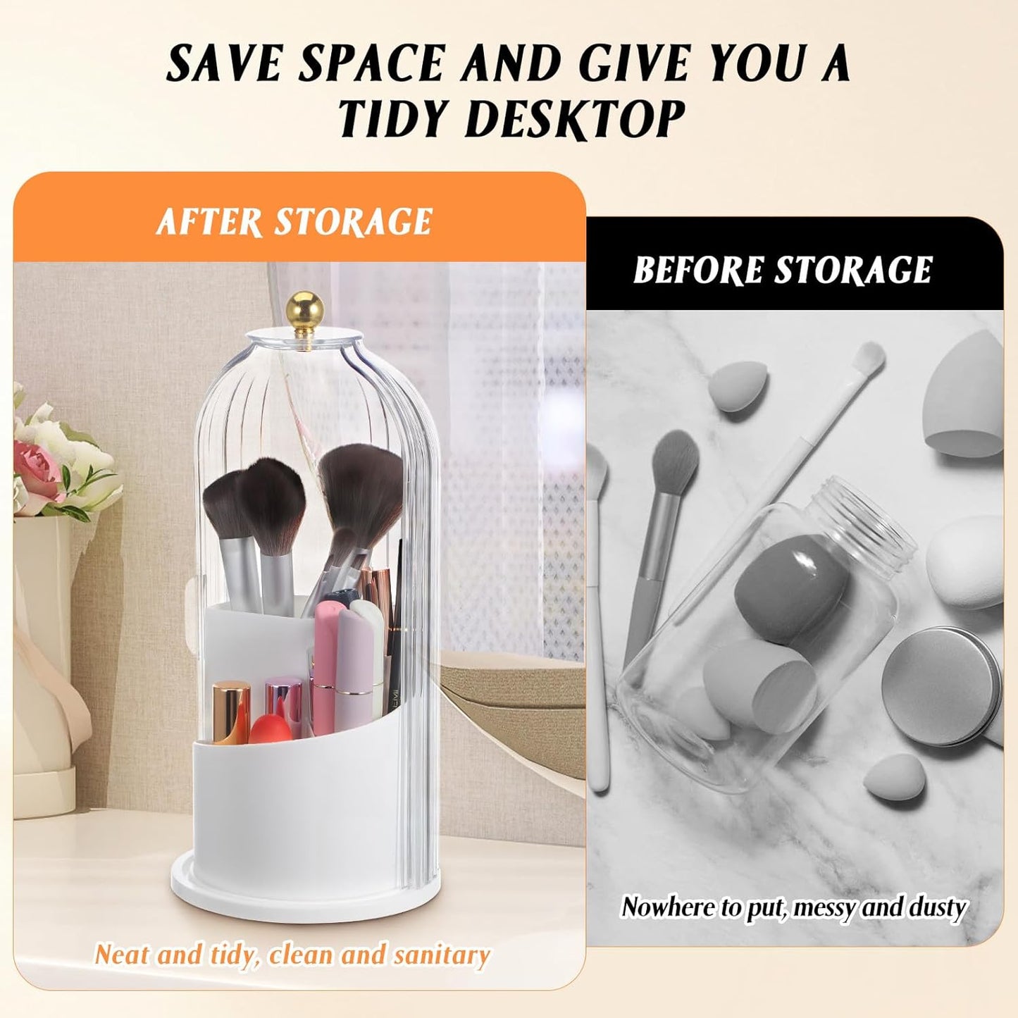 Rotating Makeup Brush Holder With Lid : Makeup Organizer For Vanity Dustproof Cosmetic Brush Organizer For Home Use, White, 9. 84 X 4. 92 X 4. 92 Inches