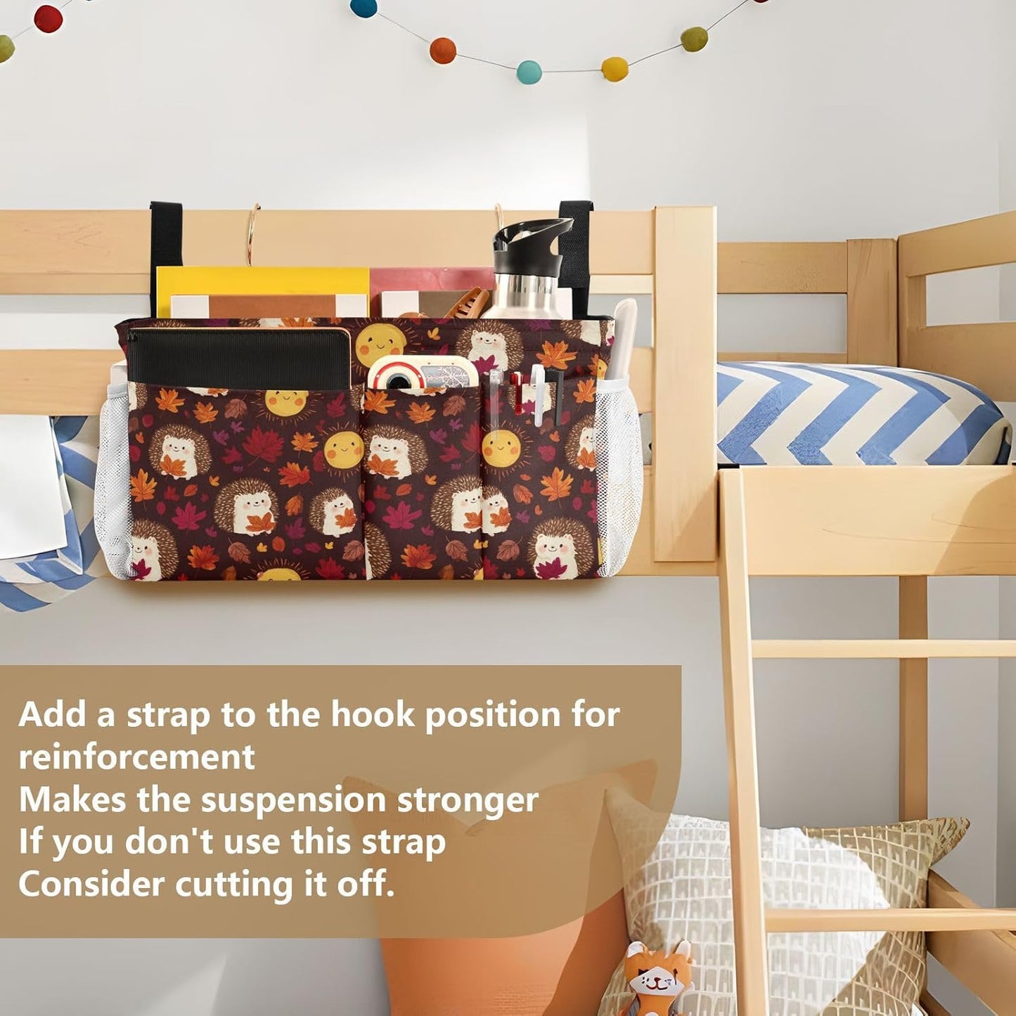 Autumn Leaves Sun Hedgehogs Brown Bedside Caddy for Dorm Bed Bedside Hanging Caddy Bag Iron Frame Storage Organizer Pocket for Bunk Home College Hospital Beds 2 Hooks