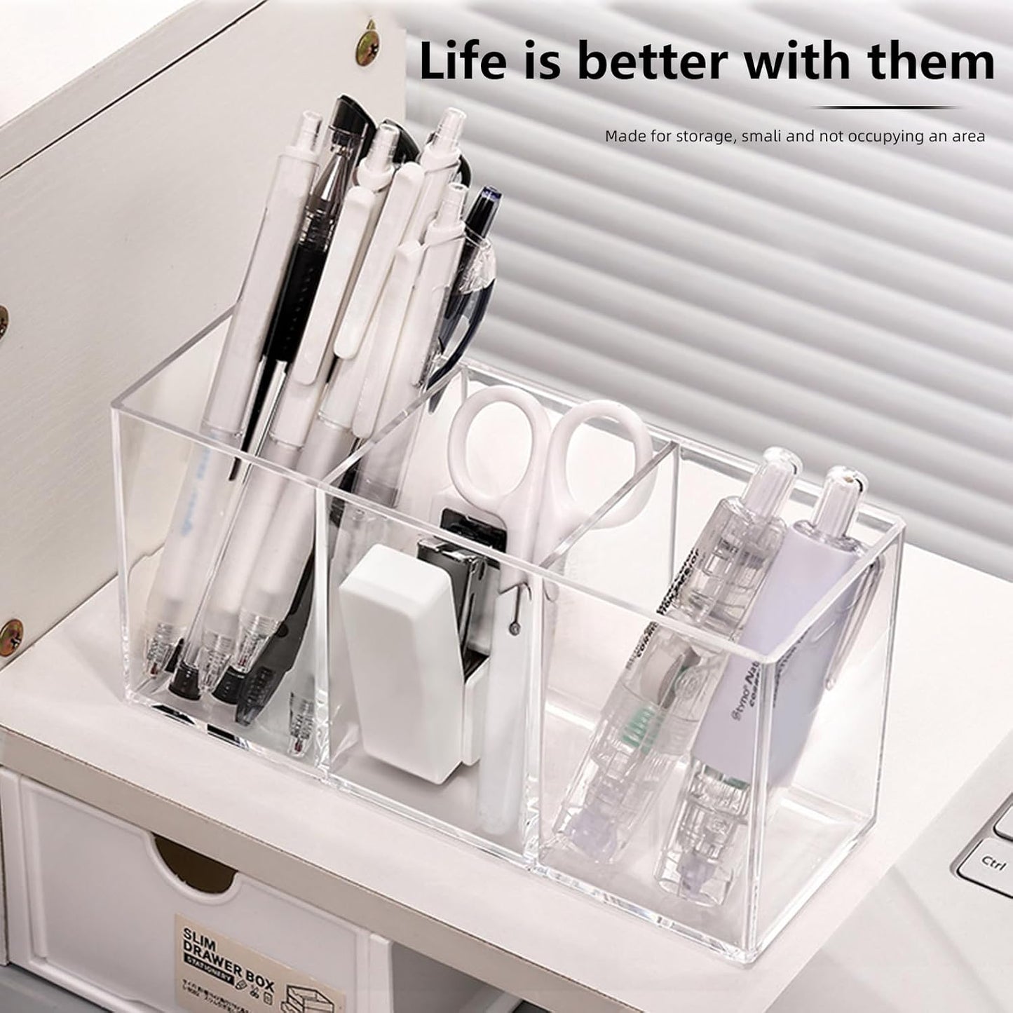 Acrylic Makeup Brush Holder, 2 Pack Clear Pencil Holder, Desk Accessories Holder with 3 Compartments, Brush Organizer for Vanity, Desk, Cosmetic Display