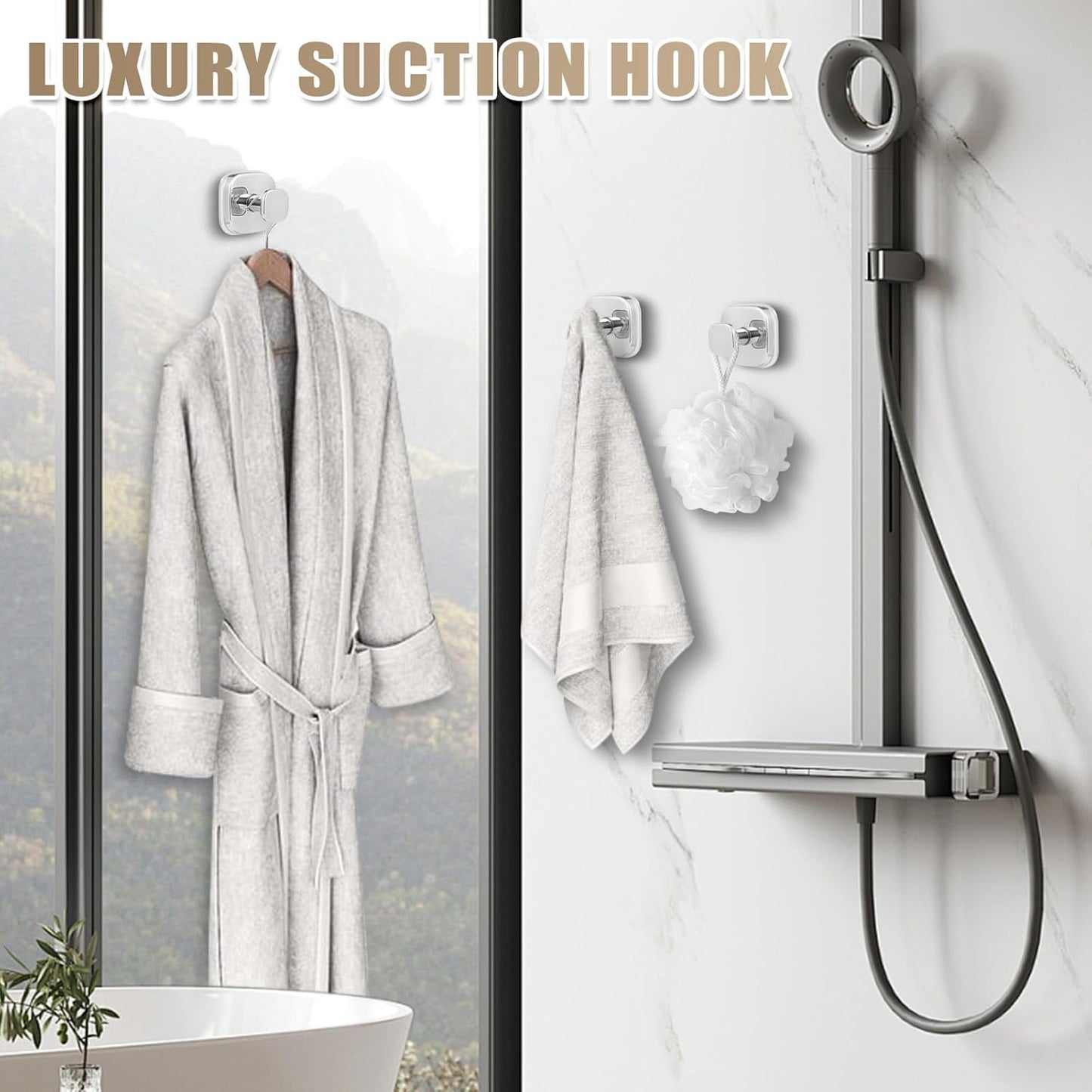 No-Drill Reusable Suction Cup Hooks, Towel, Robe, Loofah, Coat Hook for Glass, Mirror, Tile, Shower, Bathroom, Kitchen & Metal (Smooth, Non-Porous Surfaces) (2, Chrome Polished)
