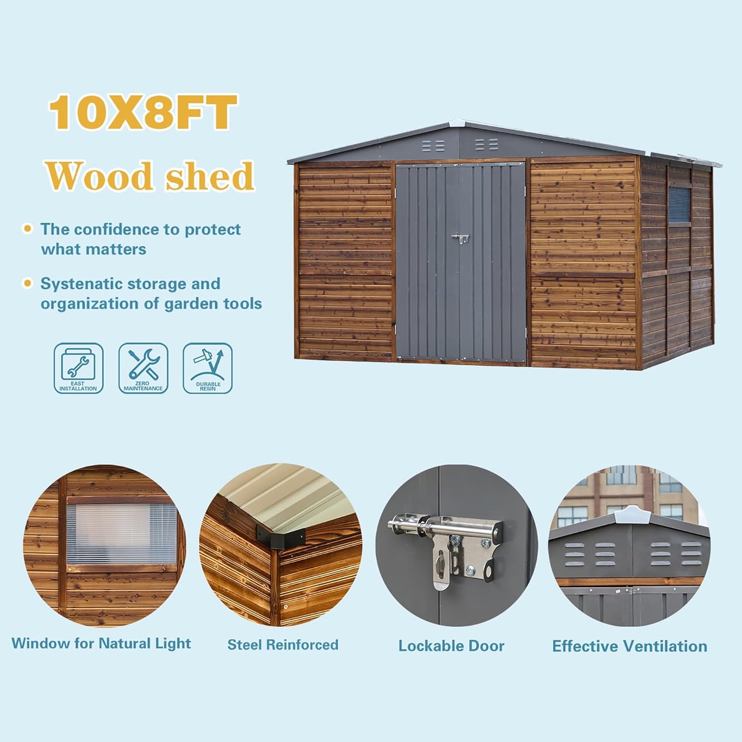 8x10 FT Outdoor Storage Shed with Windows, Wood & Metal Tool Shed Waterproof Storage House for Outside Patio, Garden, Backyard, 4 Vents (Without Floor) Wood Color