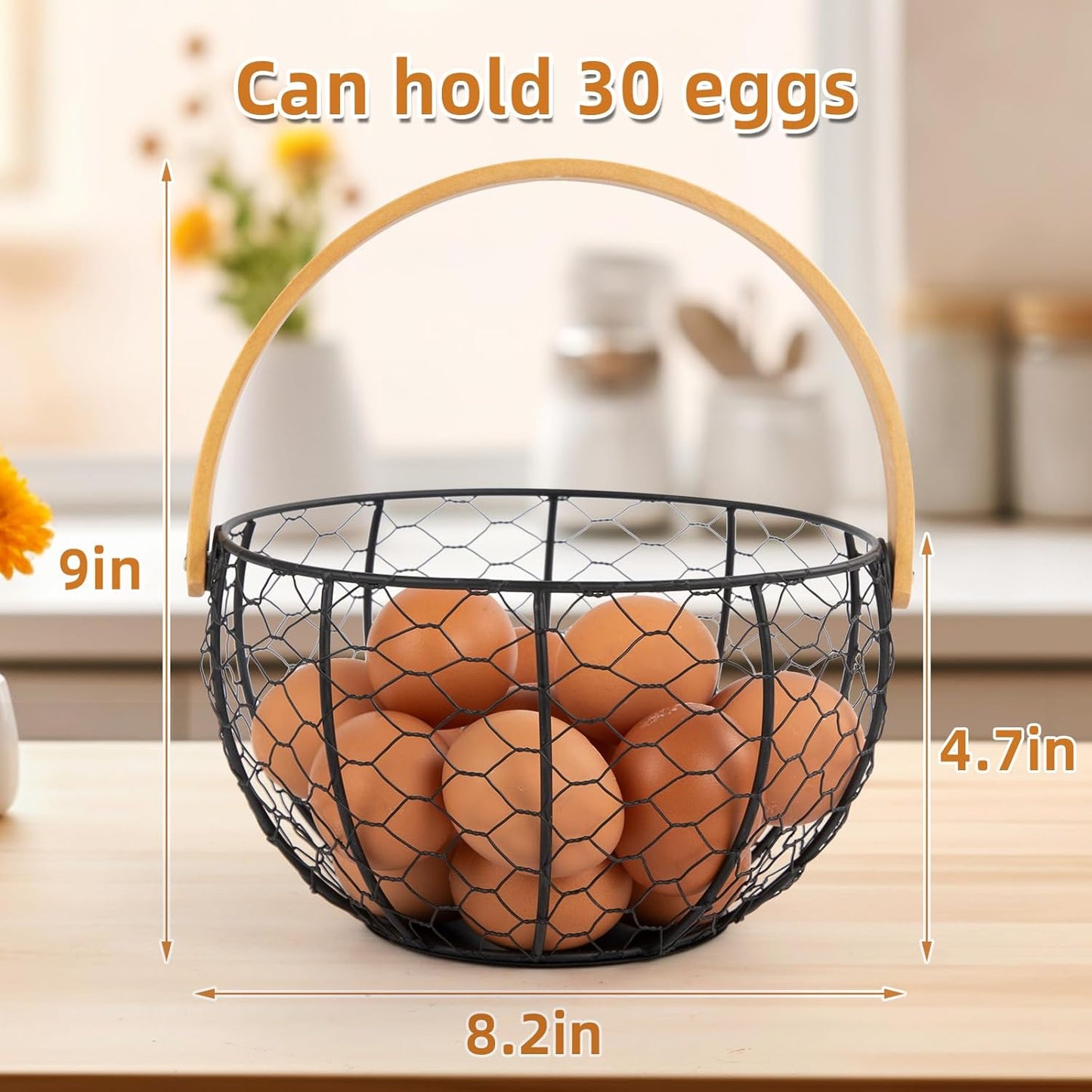 Farmhouse Wire Egg Basket for Gathering Fresh Eggs with Wooden Handle, Vintage Style Metal Egg Collecting Basket Countertop Storage Container Holder for Kitchen Decor and Fruit Bin (Black)