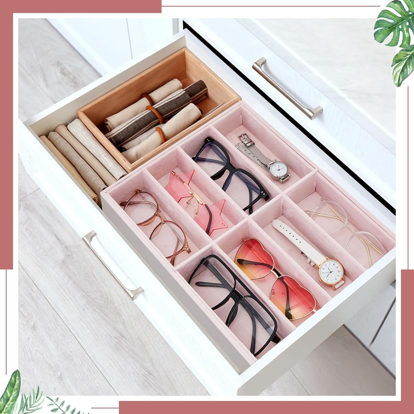 Amylove 2 Pcs Sunglass Organizer Trays Glasses Stackable Jewelry Trays Sunglass Organizer Display Box(8 Grids,Pink)