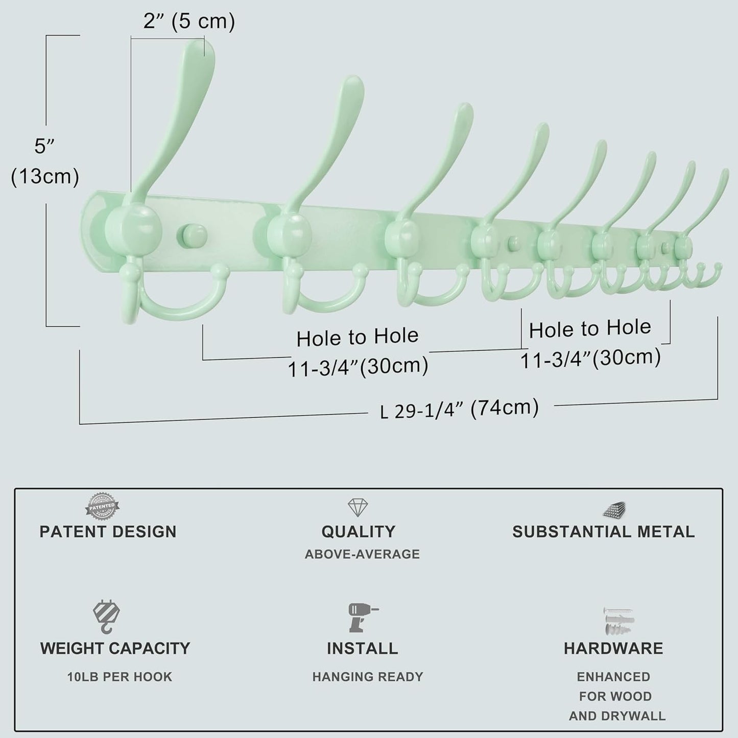 Dseap Coat Rack Wall Mount - 29.5” Long 8-Tri-Hooks Heavy Duty Coat Hanger Rail Wall Hooks for Hanging Coats Hats Clothing Clothes Purse Mudroom Entryway, Green, Pack of 2