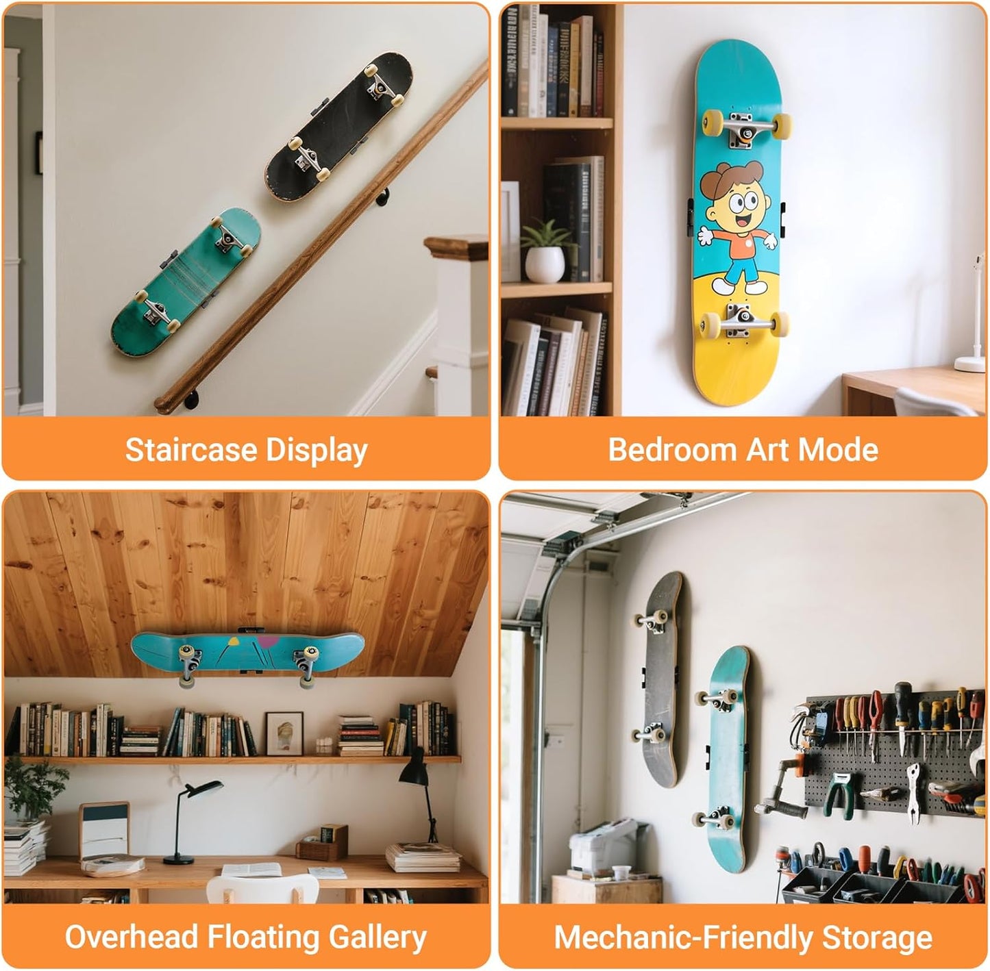 DYAUS 360° Rotating Skateboard Wall Mount, Extending Skateboard Wall Hanger, Universal Skate Board Wall Mounts Display, Space-Saving Longboard Deck Holder, Floating Skateboard Rack, Black