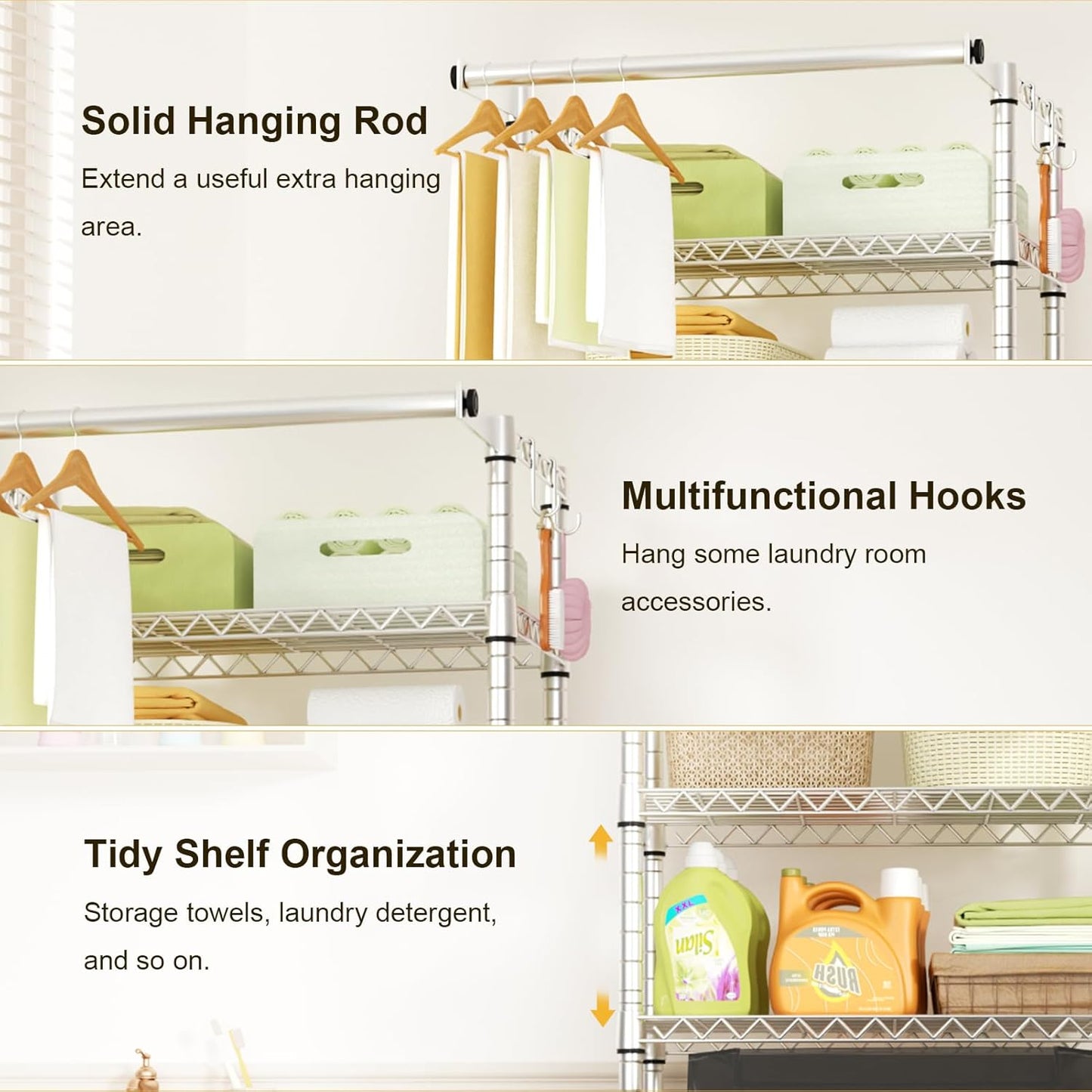 Ulif U11 Medium Over Washer and Dryer Shelves, 3 Tiers Laundry Room Storage and Organizer Standing Shelf, Metal Freestanding Clothes Drying Rack, 31.1" W x 19.7" D x 77.6" H, Chrome