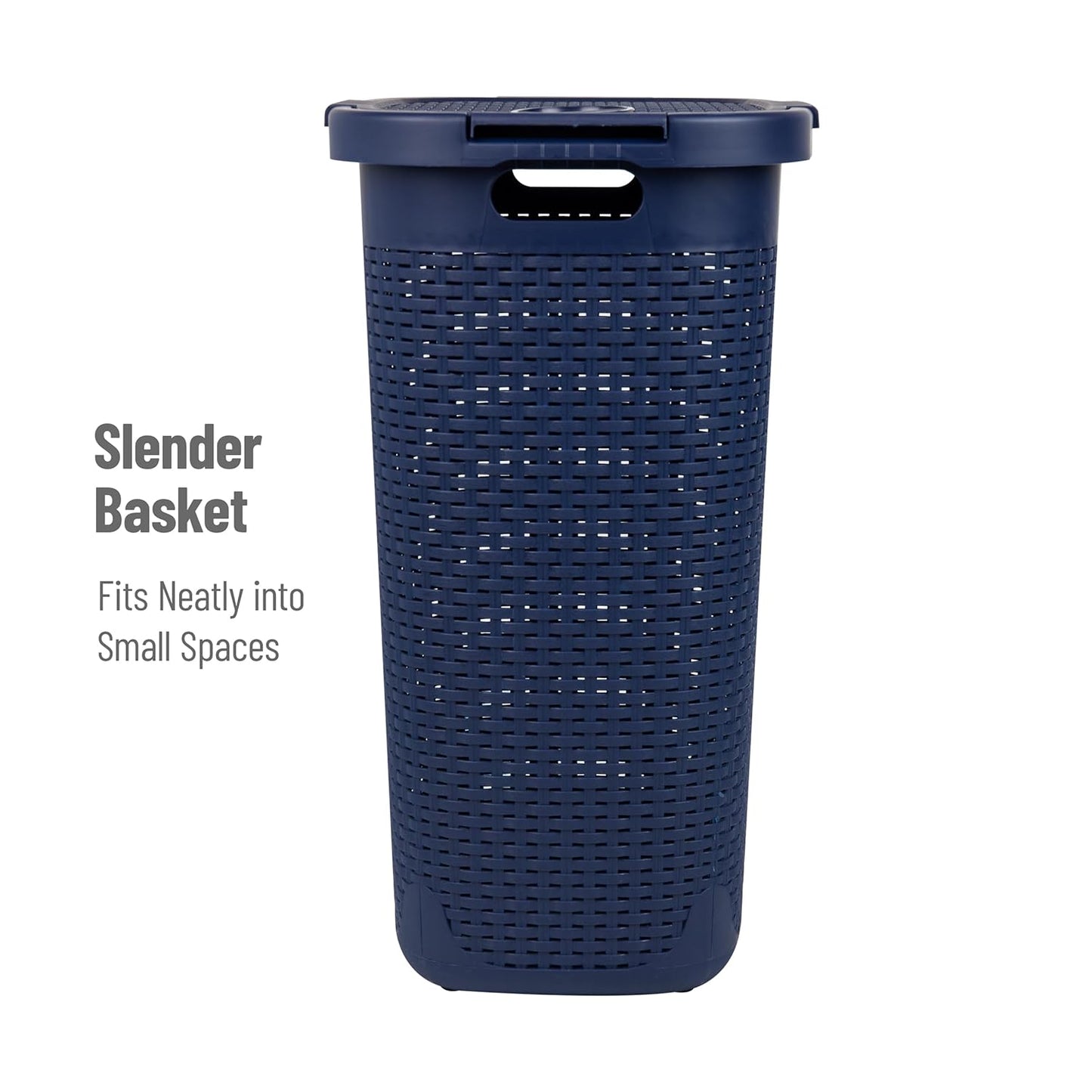 Mind Reader Slim Laundry Hamper with Lid, 60L Clothes Basket, Premium Wicker Design, Plastic, Navy