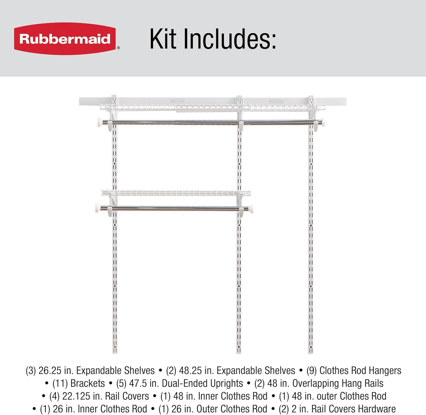 Rubbermaid Configurations Custom Closet Kit 3-6 Ft. Adjustable Metal Wire Shelving White Finish Expandable Organization System Hardware Included for Home Closet/Pantry/Laundry/Mudroom