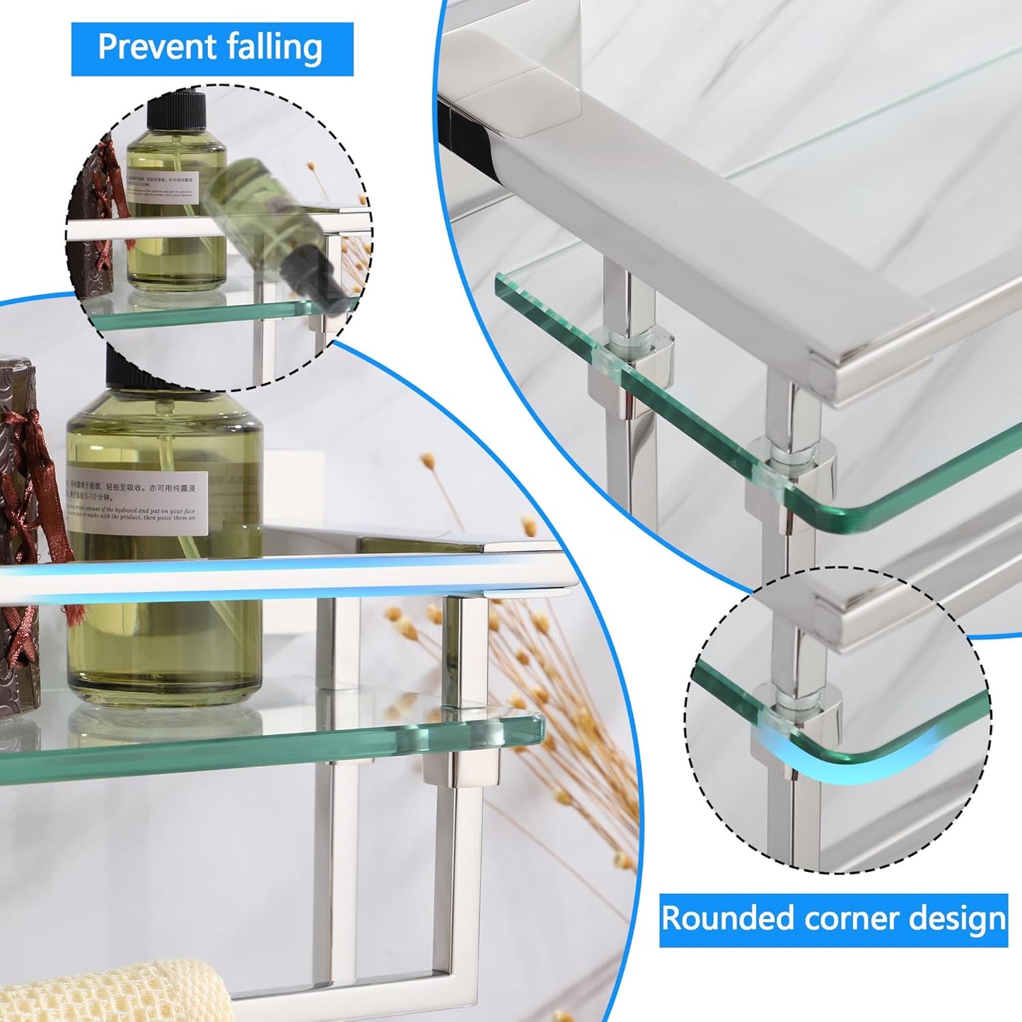 LANC Bathroom Shelf with Towel Bars - 20-Inch Silver Floating Tempered Glass Shelves with 2 Rails for Bathroom Kitchen Accessories Organizer Glass Rack Wall Mount Stainless Steel Chrome, A7617CP