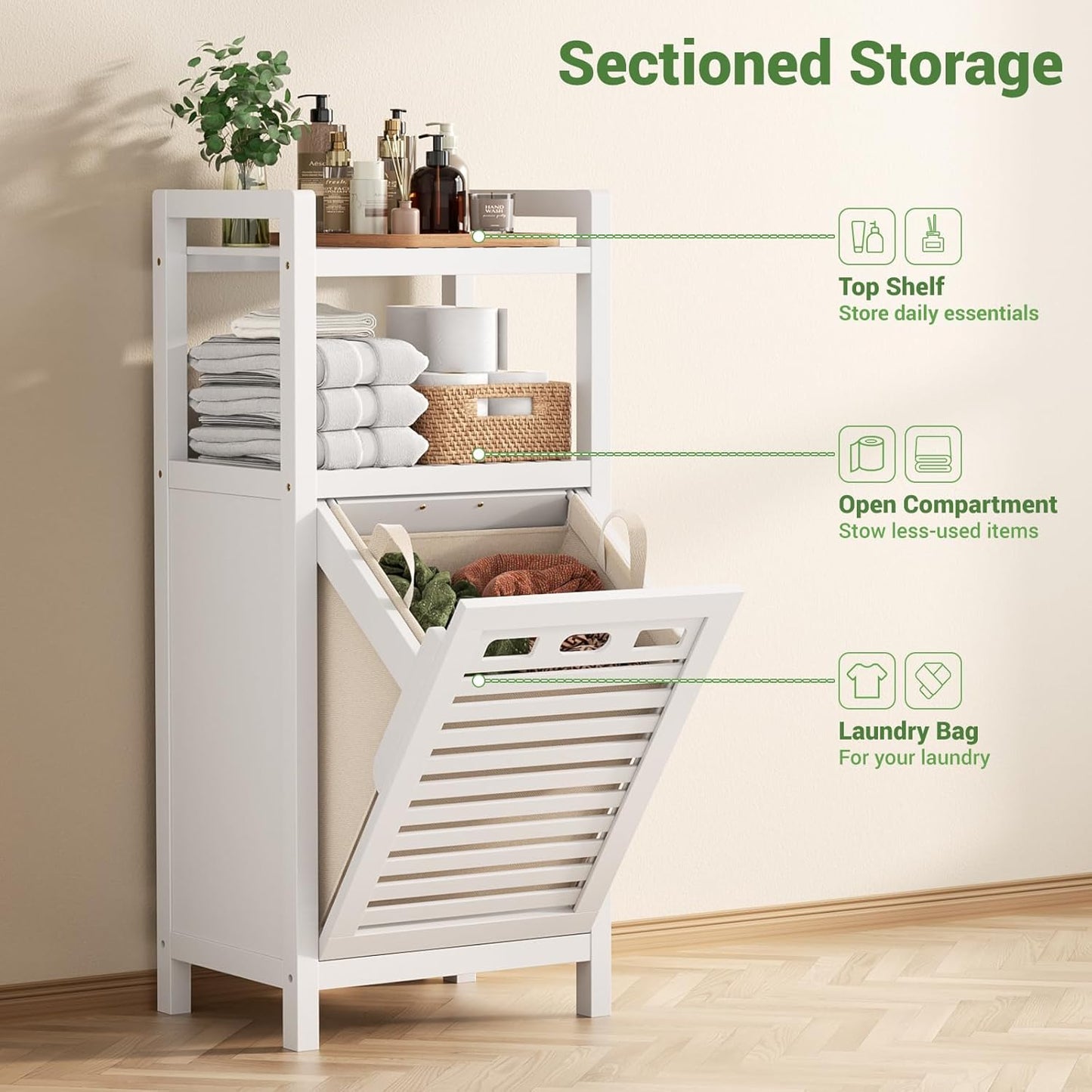 Homykic Tilt Out Laundry Hamper, 10 Gal Bamboo Laundry Storage Cabinet with Removable Basket, Hidden Hamper Organizer with Shelf for Dirty Clothes, Bathroom, Laundry Room, Space Saving, White
